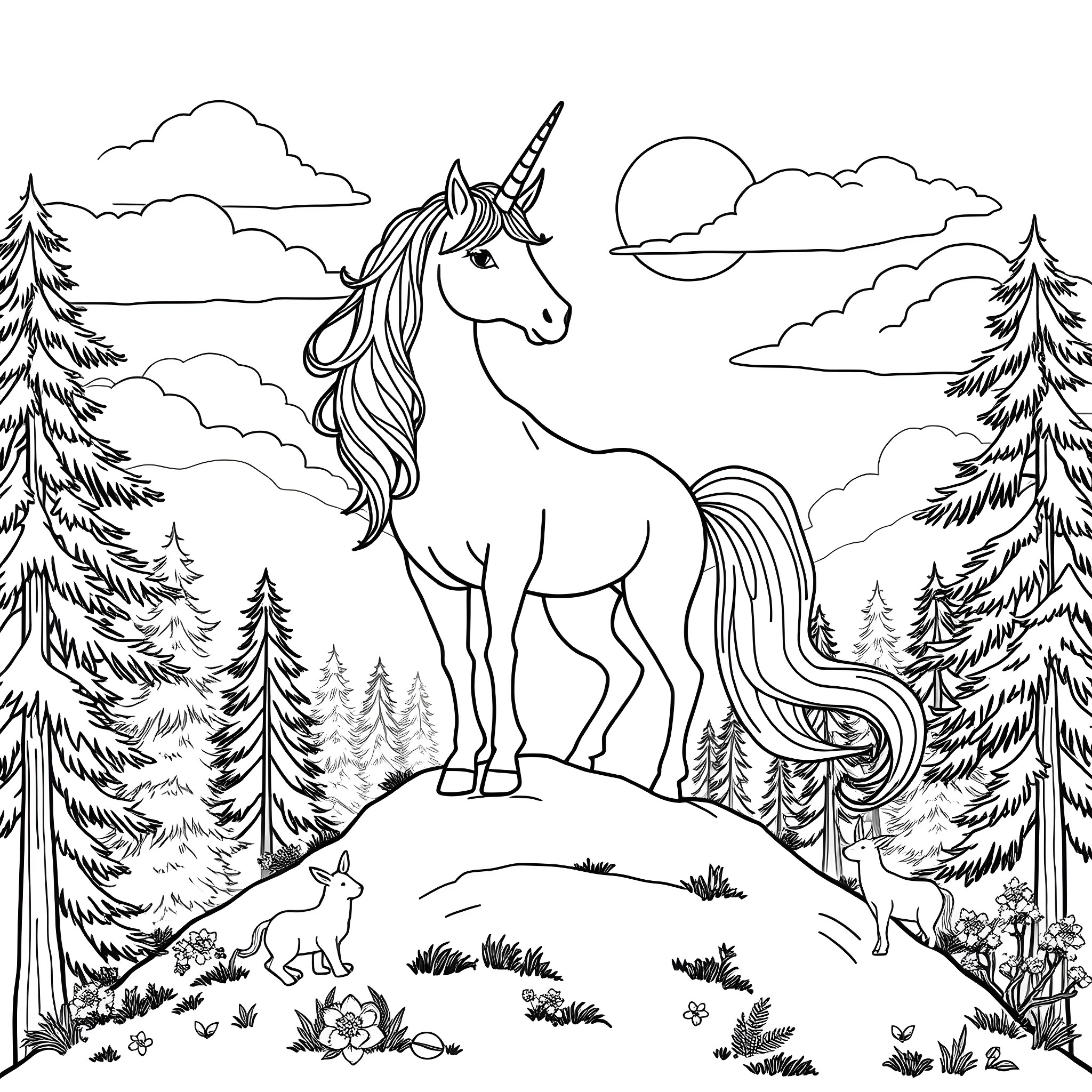 Unicorn standing majestically in a magical forest landscape Coloring Page (free black-and-white line drawing printable PDF for all, from beginners to advanced learners, including children, teens, adults, and seniors)