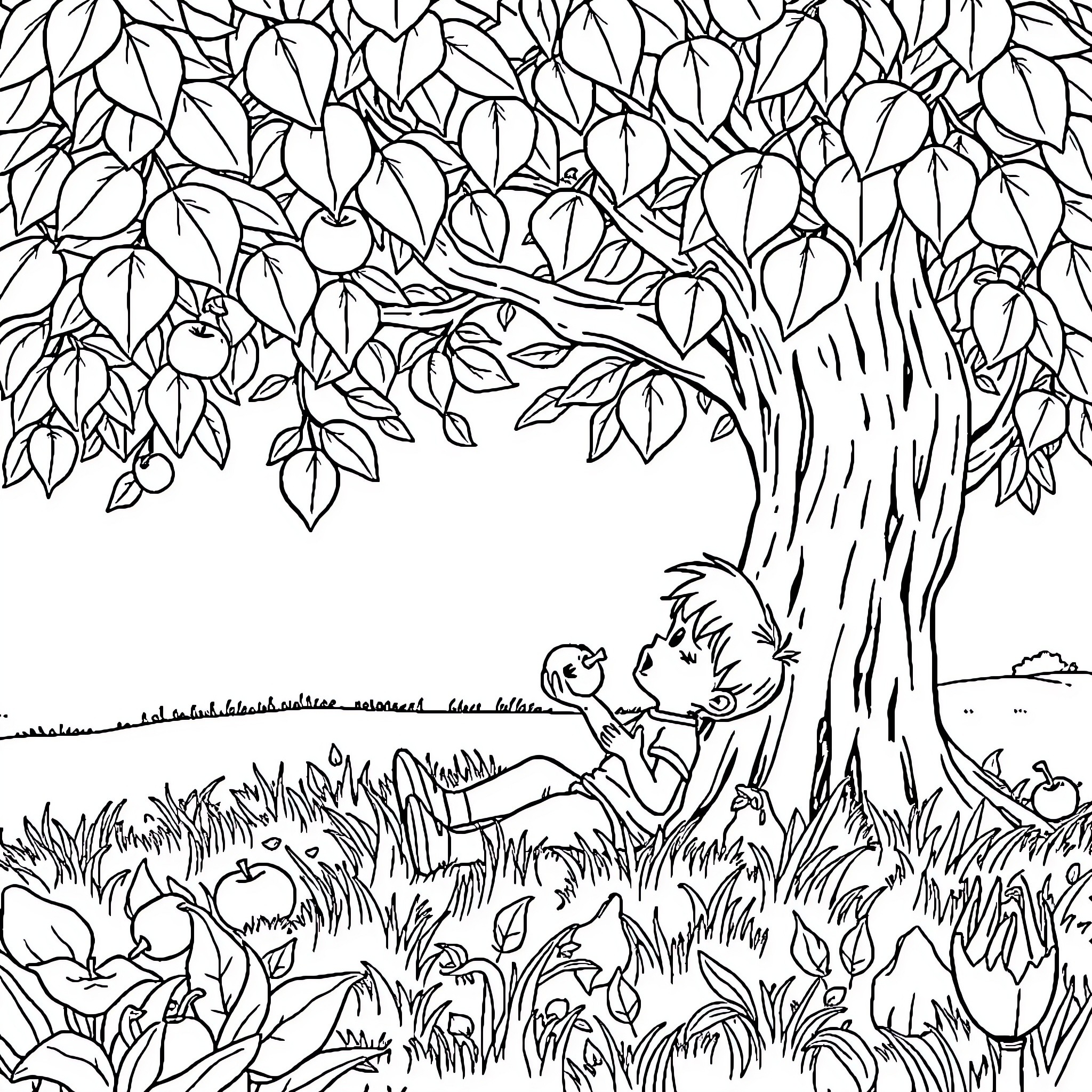 Child playing in a leafy forest Coloring Page (free black-and-white line drawing printable PDF for all, from beginners to advanced learners, including children, teens, adults, and seniors)