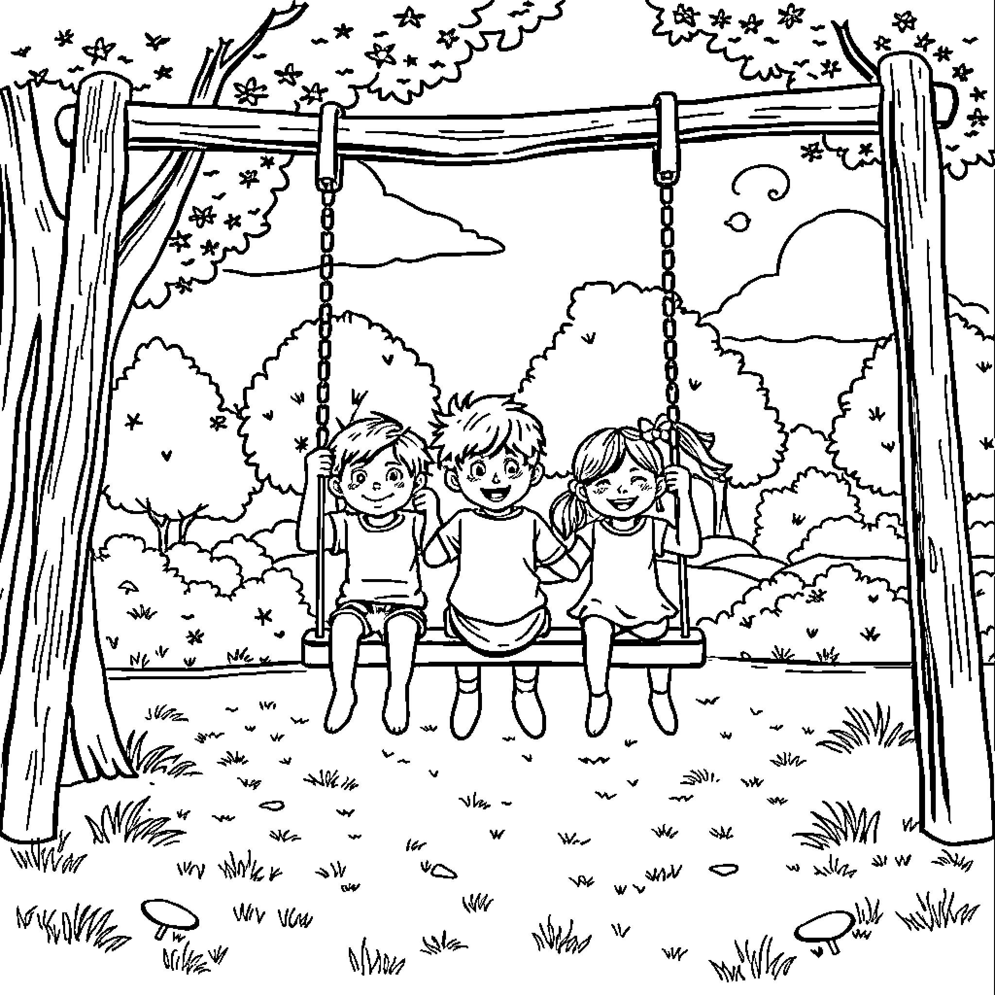 Kid's joyful swinging under the starry night Coloring Page (free black-and-white line drawing printable PDF for all, from beginners to advanced learners, including children, teens, adults, and seniors)