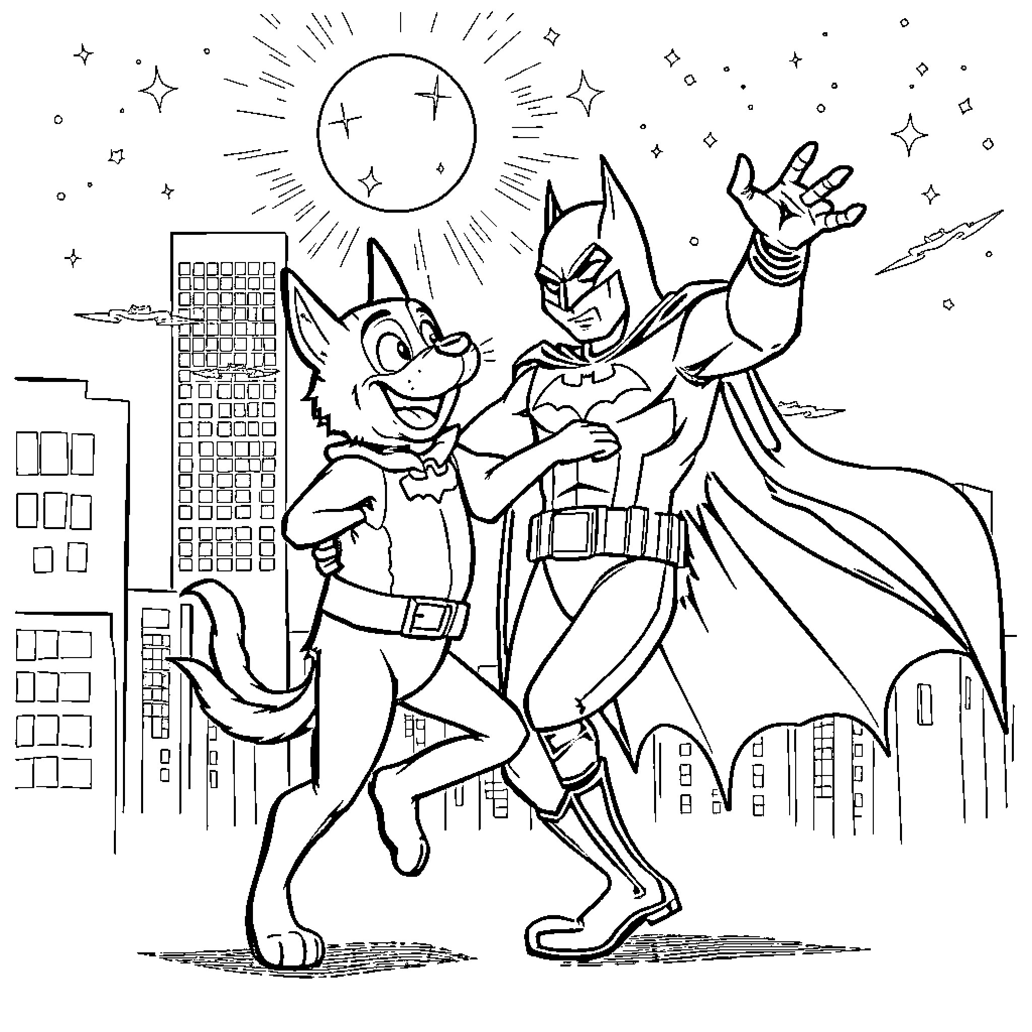 Dogman and Batman fighting crime in the city Coloring Page (free black-and-white line drawing printable PDF for all, from beginners to advanced learners, including children, teens, adults, and seniors)