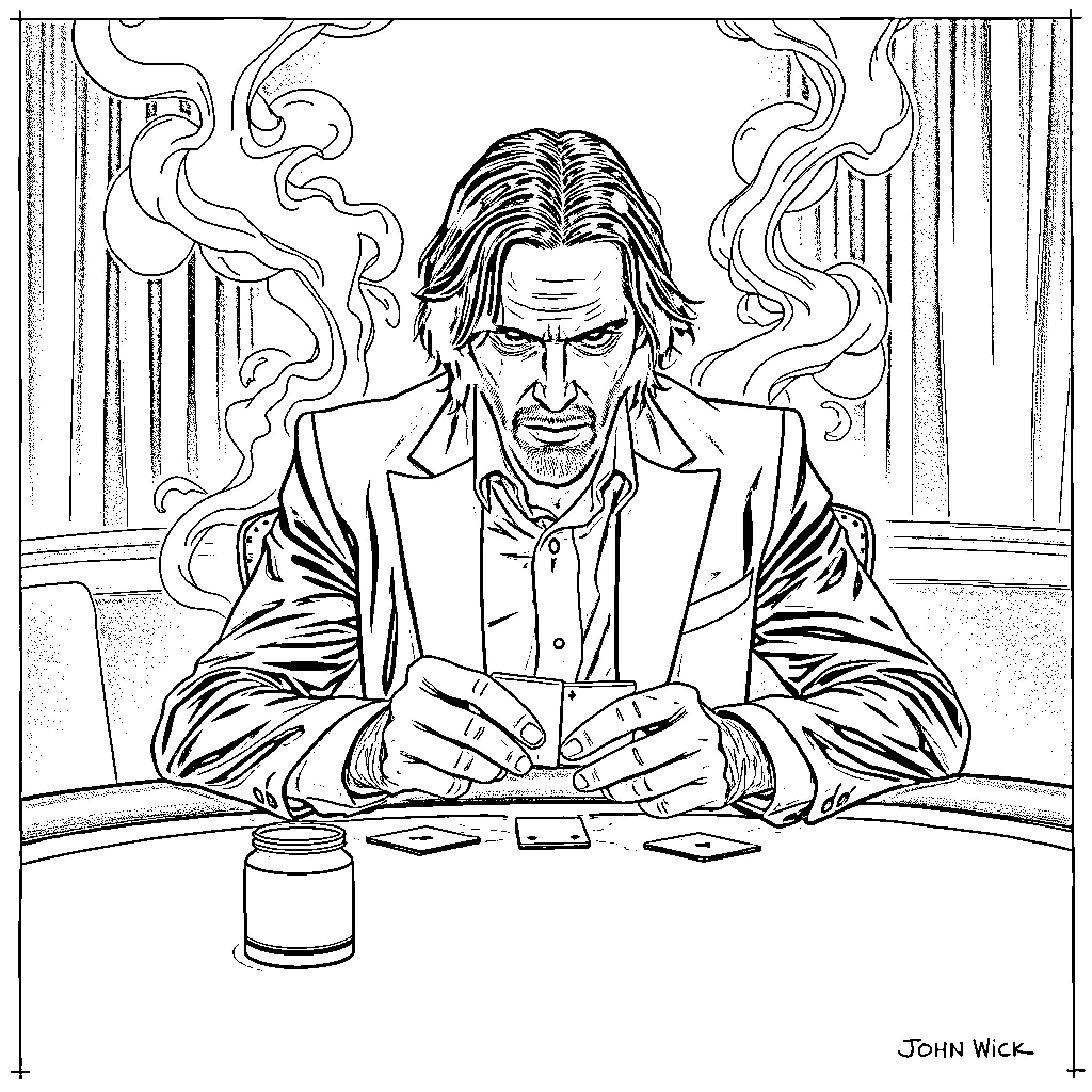John Wick: Intense Contemplation and Determination Coloring Page (free black-and-white line drawing printable PDF for all, from beginners to advanced learners, including children, teens, adults, and seniors)