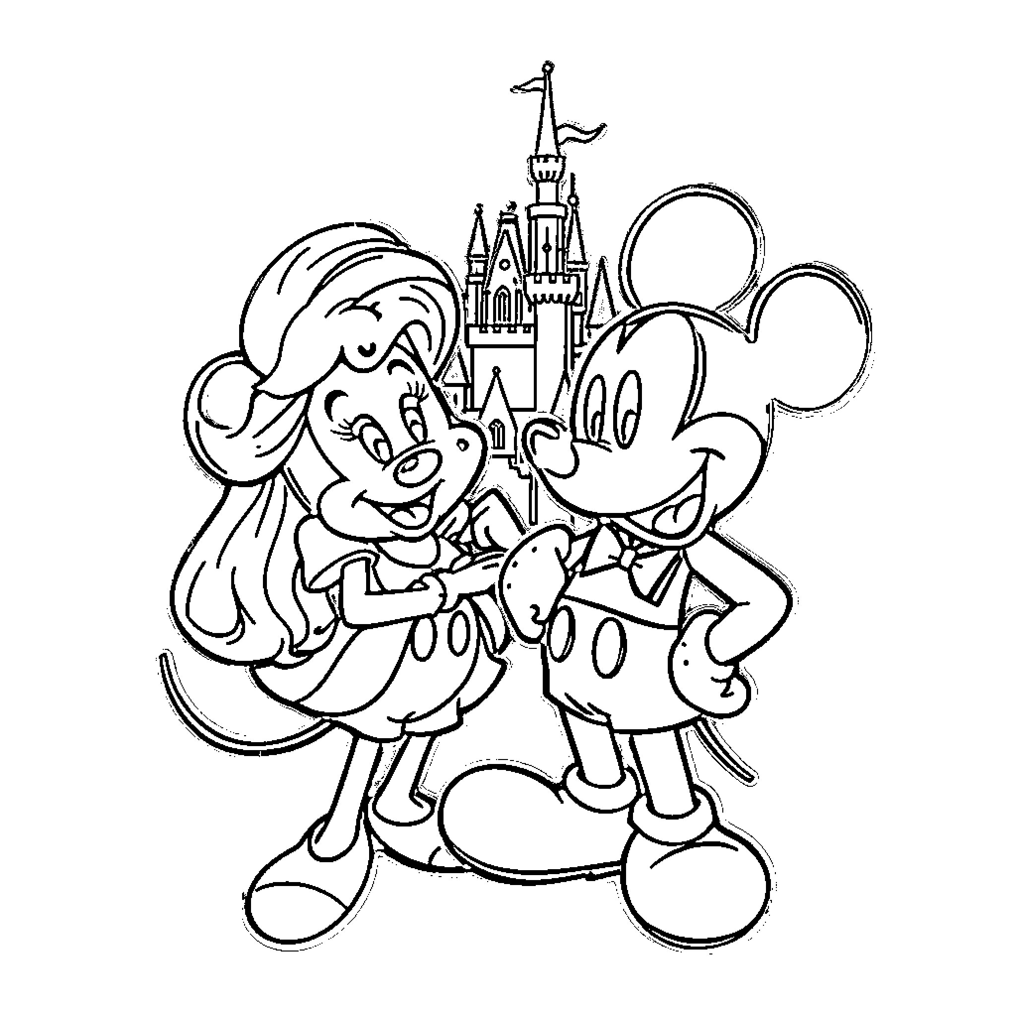 Disney Pin of Mickey and Minnie Mouse at the Castle Coloring Page (free black-and-white line drawing printable PDF for all, from beginners to advanced learners, including children, teens, adults, and seniors)