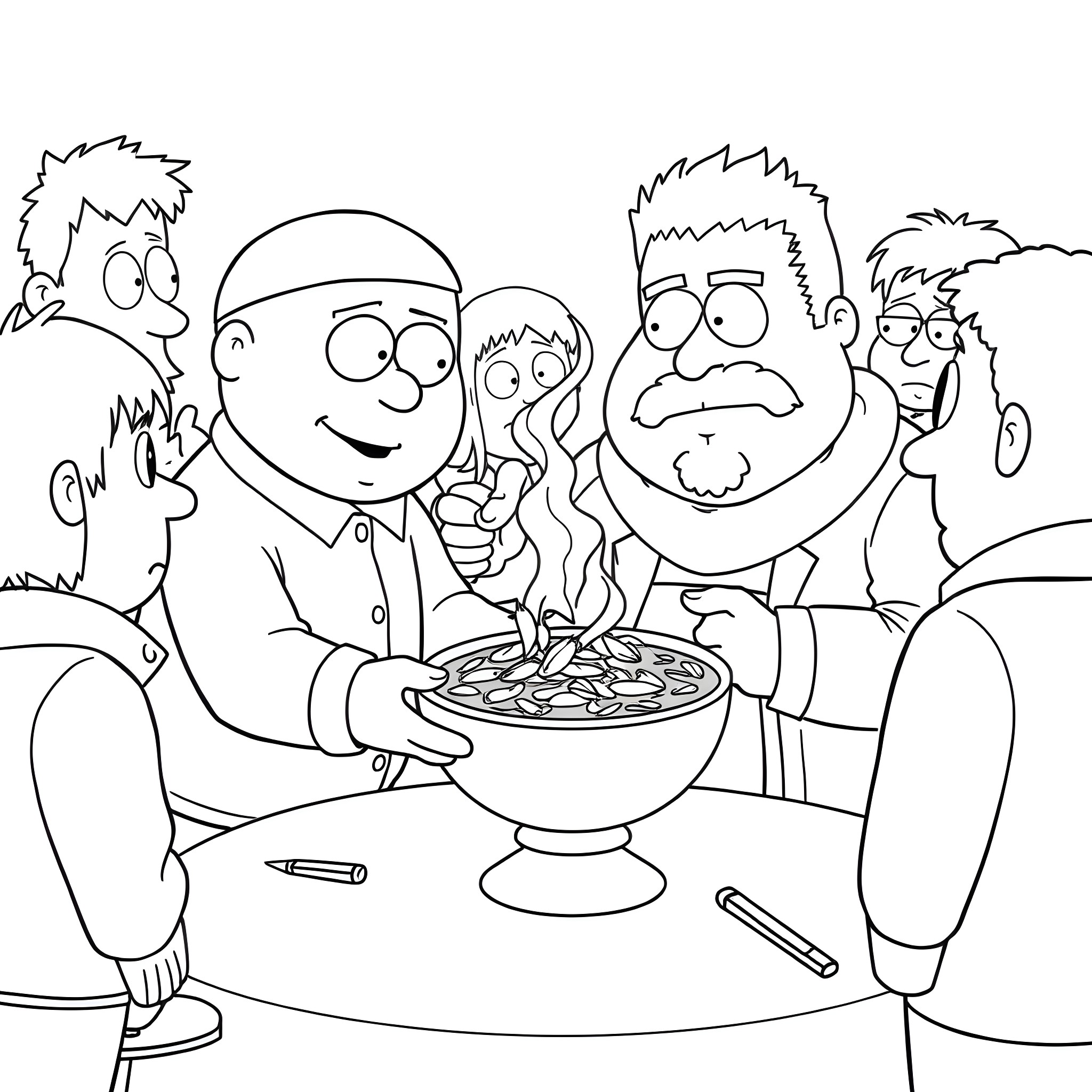 Eric Cartman and friends enjoying a meal together Coloring Page (free black-and-white line drawing printable PDF for all, from beginners to advanced learners, including children, teens, adults, and seniors)