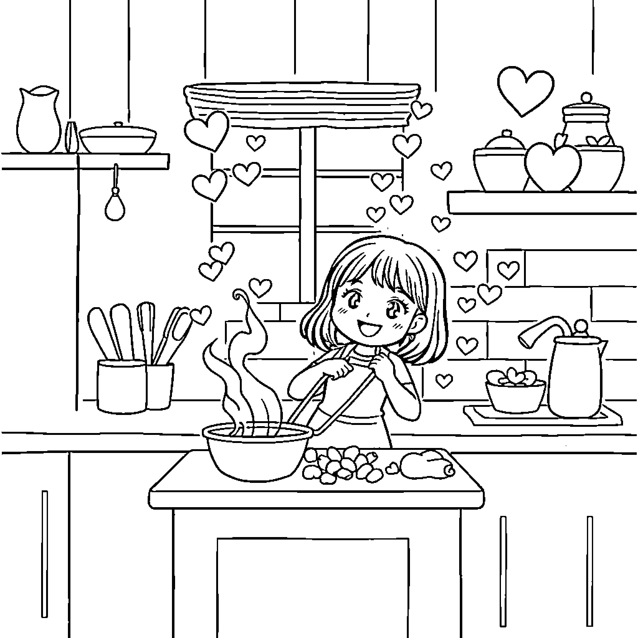 Jin's Joyful Cooking in the Cozy Kitchen Coloring Page (free black-and-white line drawing printable PDF for all, from beginners to advanced learners, including children, teens, adults, and seniors)