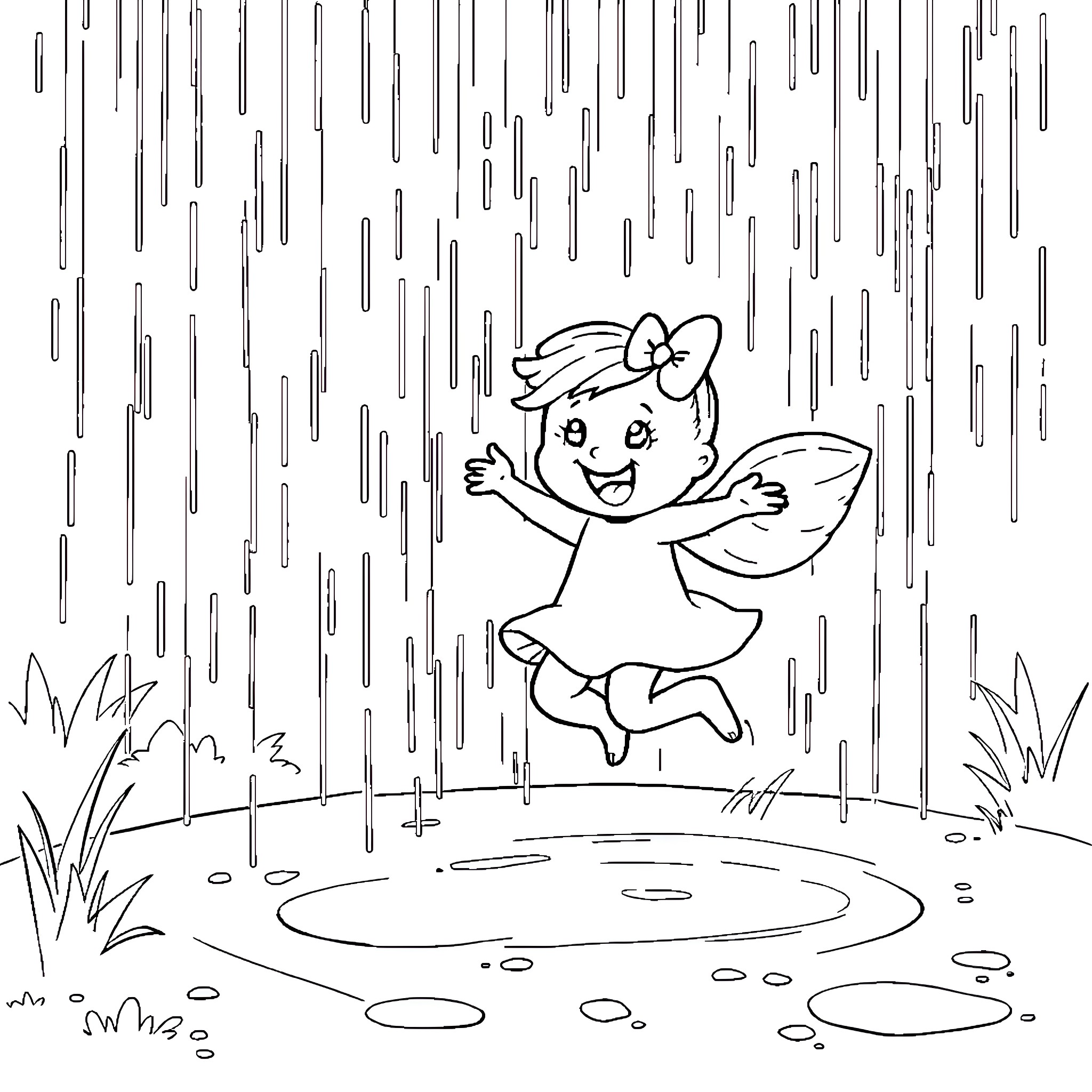 Sprunki fairy joyfully dancing in the rain Coloring Page (free black-and-white line drawing printable PDF for all, from beginners to advanced learners, including children, teens, adults, and seniors)