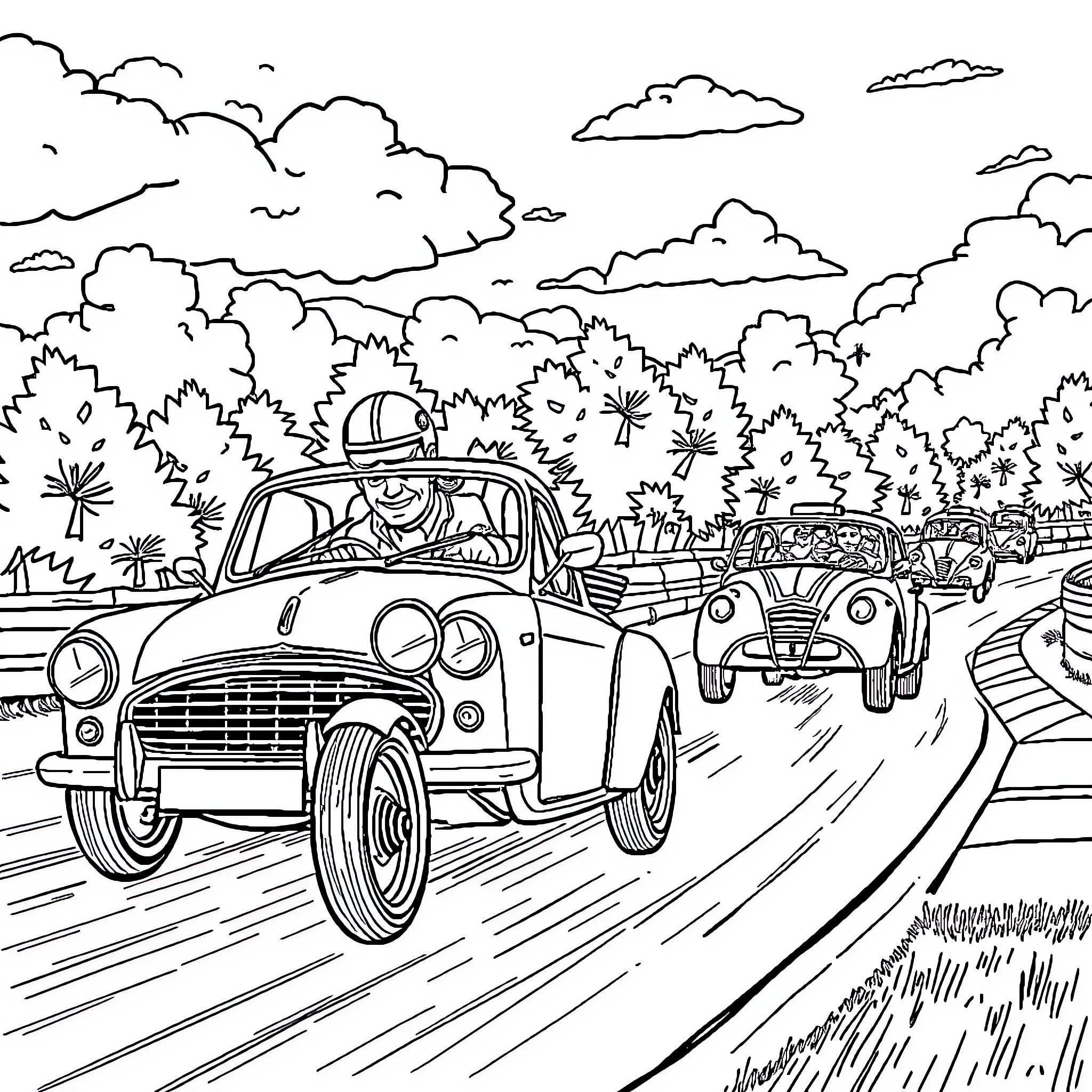 Fixies on a Scenic Country Road Coloring Page (free black-and-white line drawing printable PDF for all, from beginners to advanced learners, including children, teens, adults, and seniors)