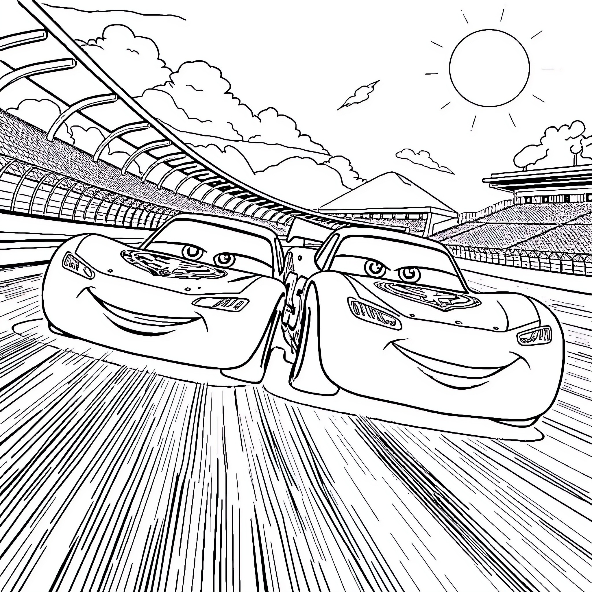Car Racing on Scenic Racetrack with Clouds and Sun Coloring Page (free black-and-white line drawing printable PDF for all, from beginners to advanced learners, including children, teens, adults, and seniors)