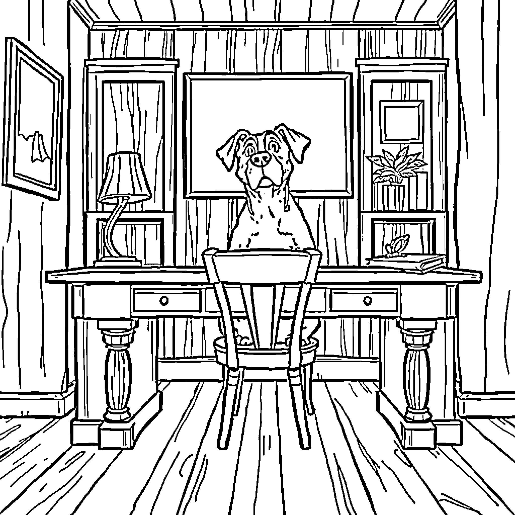 Dog sitting on desk in study room Coloring Page (free black-and-white line drawing printable PDF for all, from beginners to advanced learners, including children, teens, adults, and seniors)
