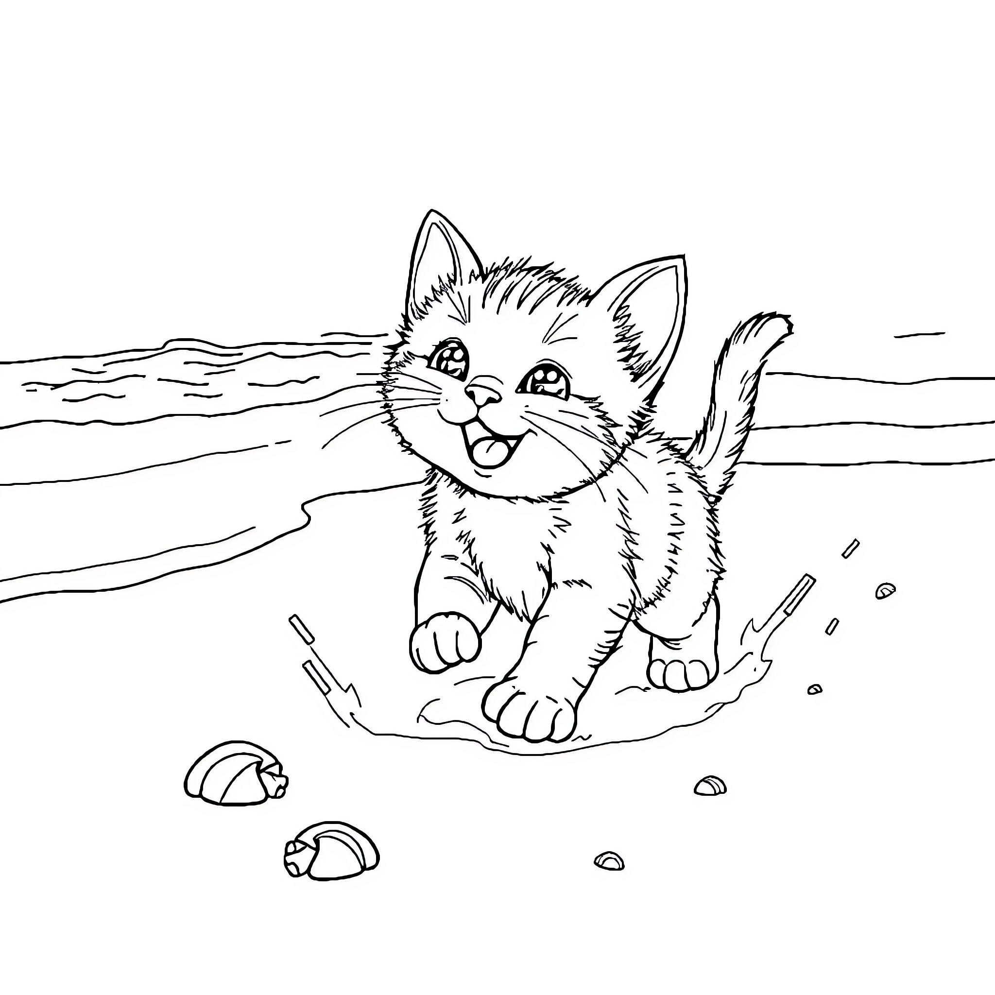 Kitten playing happily by the beach Coloring Page (free black-and-white line drawing printable PDF for all, from beginners to advanced learners, including children, teens, adults, and seniors)