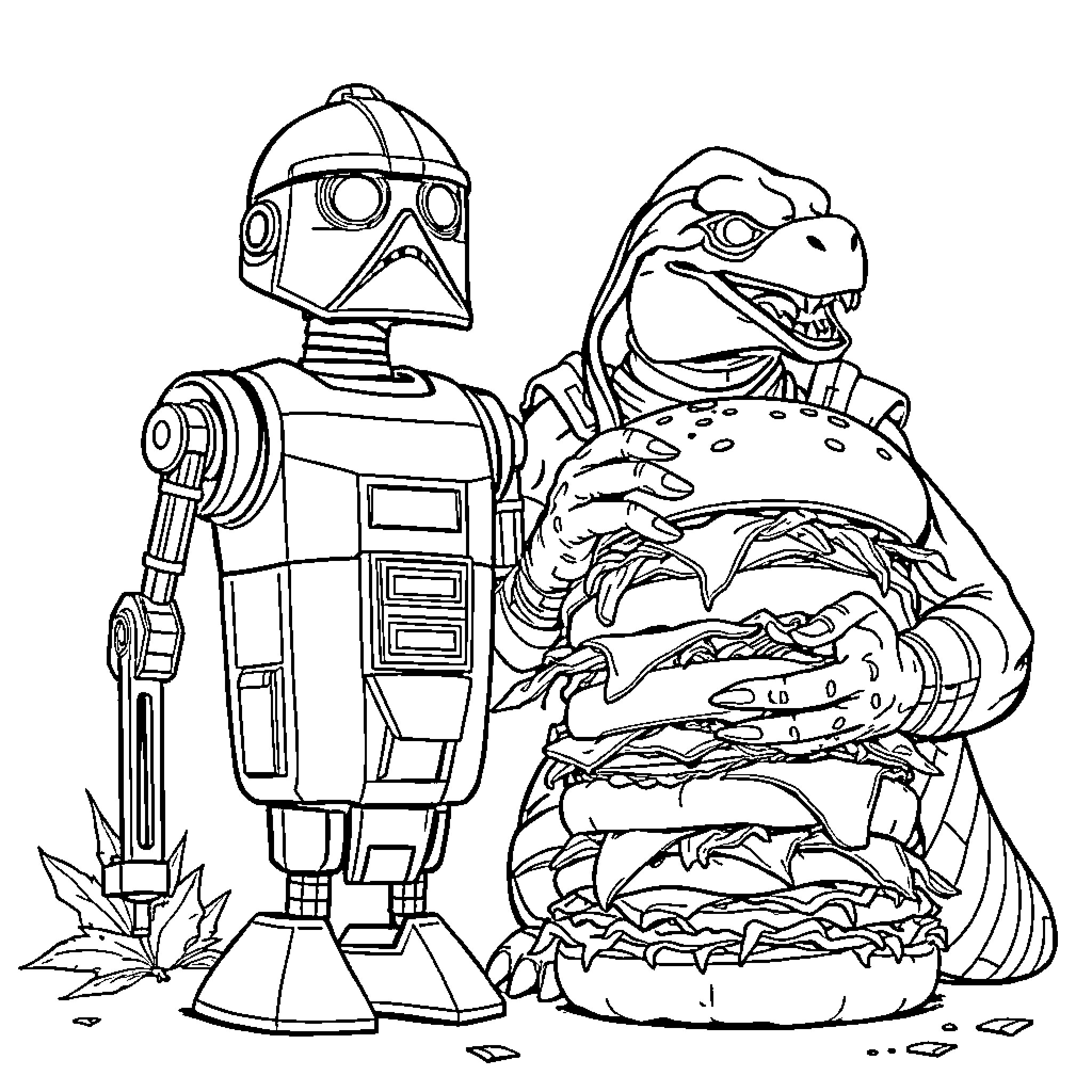 Droid and Creature Sharing an Unusual Meal Coloring Page (free black-and-white line drawing printable PDF for all, from beginners to advanced learners, including children, teens, adults, and seniors)