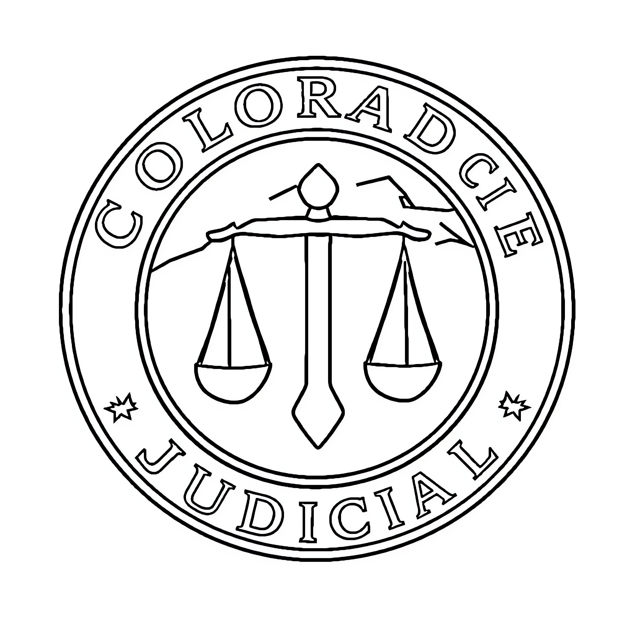Judicial Logo with Balanced Scales Coloring Page (free black-and-white line drawing printable PDF for all, from beginners to advanced learners, including children, teens, adults, and seniors)