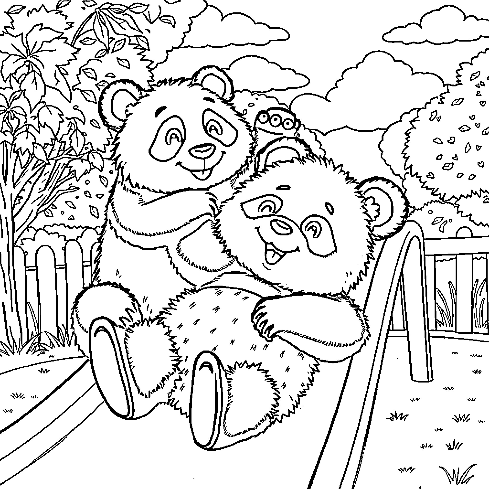 Panda bears playing together in the park Coloring Page (free black-and-white line drawing printable PDF for all, from beginners to advanced learners, including children, teens, adults, and seniors)