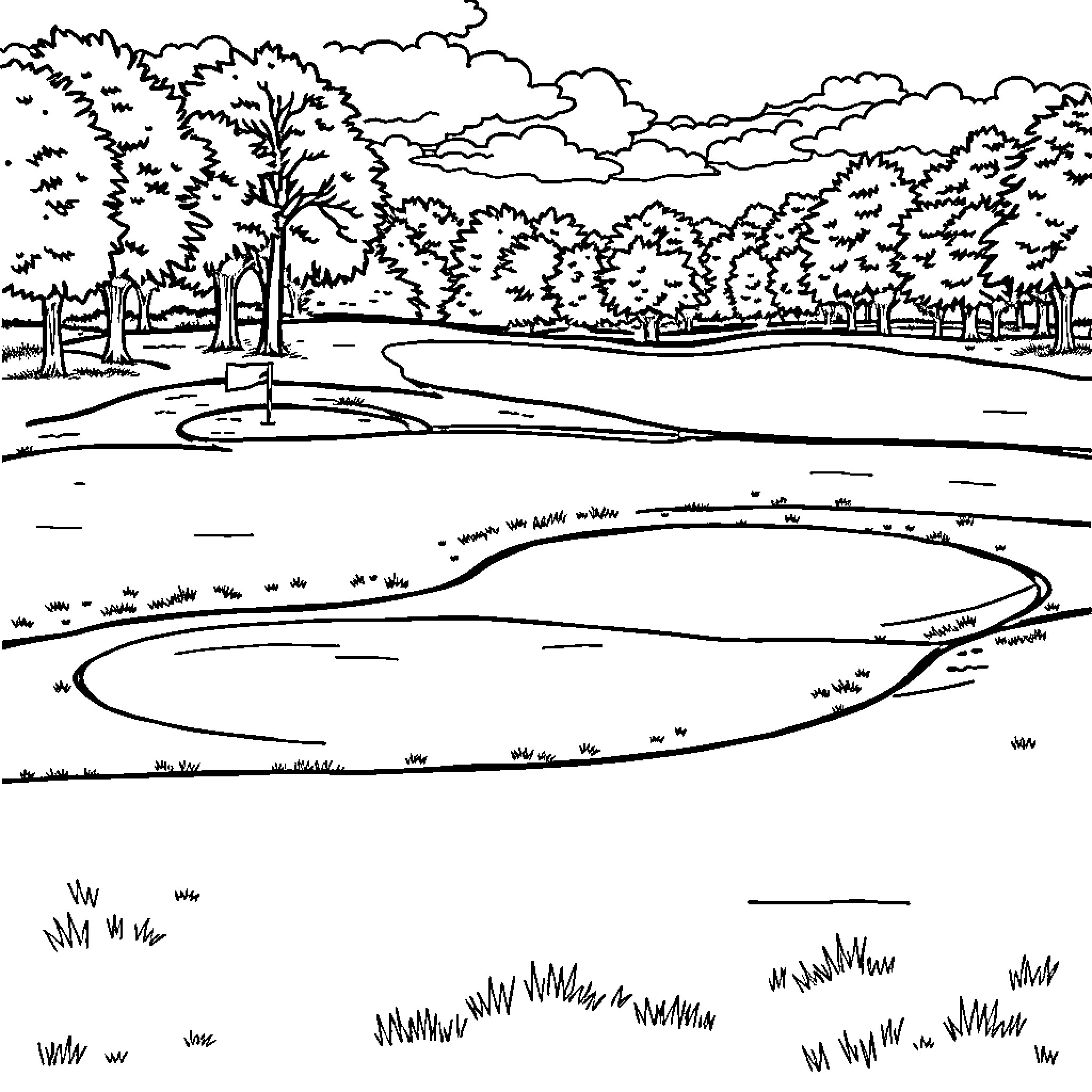 Golf Course with Winding Fairways and Wooded Landscape Coloring Page (free black-and-white line drawing printable PDF for all, from beginners to advanced learners, including children, teens, adults, and seniors)