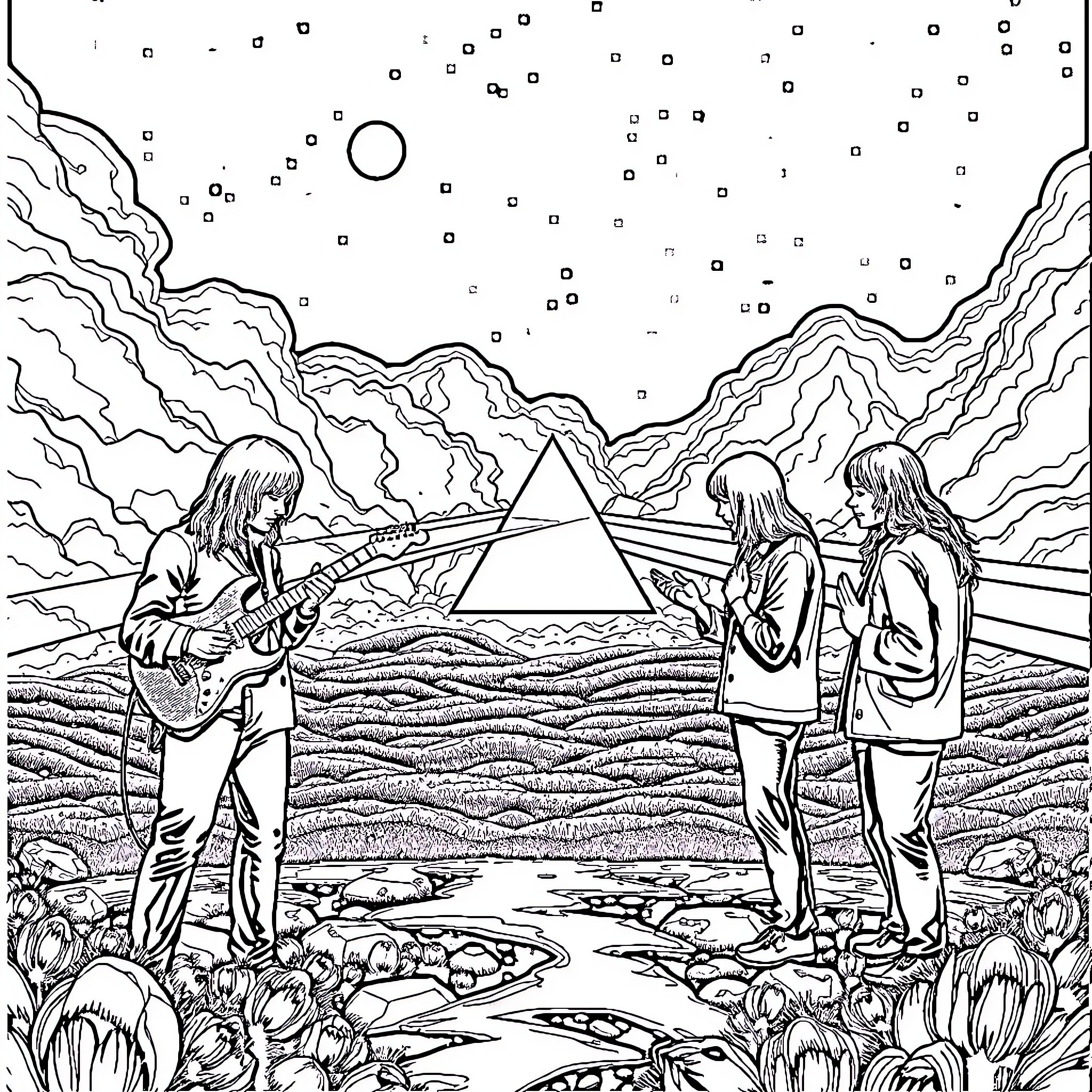 Pink Floyd's Psychedelic Adventure in the Surreal Landscape Coloring Page (free black-and-white line drawing printable PDF for all, from beginners to advanced learners, including children, teens, adults, and seniors)