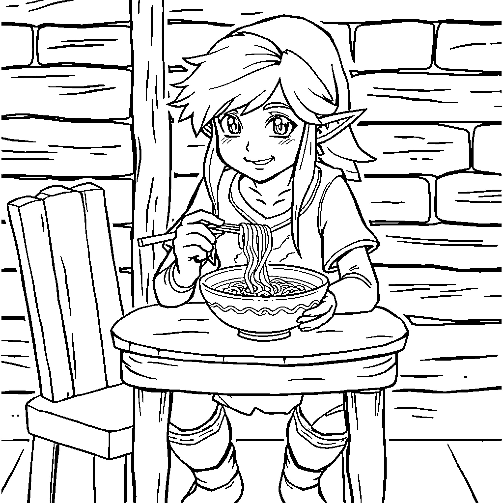 Link Enjoying a Warm Meal in the Cottage Coloring Page (free black-and-white line drawing printable PDF for all, from beginners to advanced learners, including children, teens, adults, and seniors)