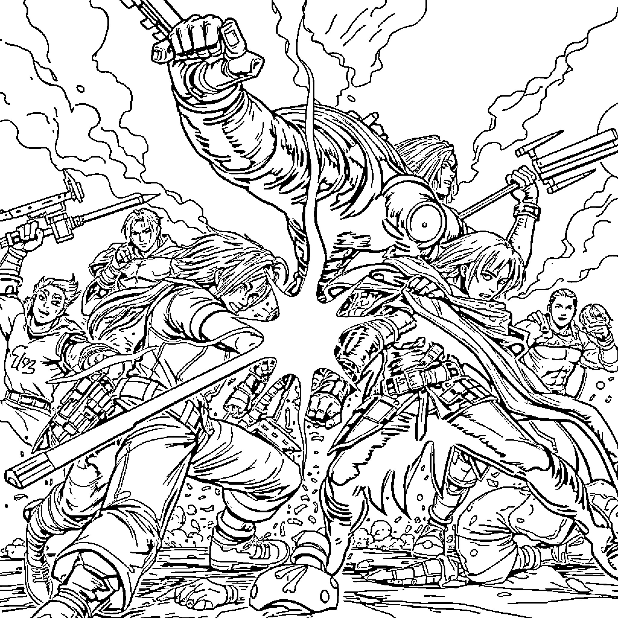 Resident Evil: Chaotic Battle with Mutant Creatures Coloring Page (free black-and-white line drawing printable PDF for all, from beginners to advanced learners, including children, teens, adults, and seniors)