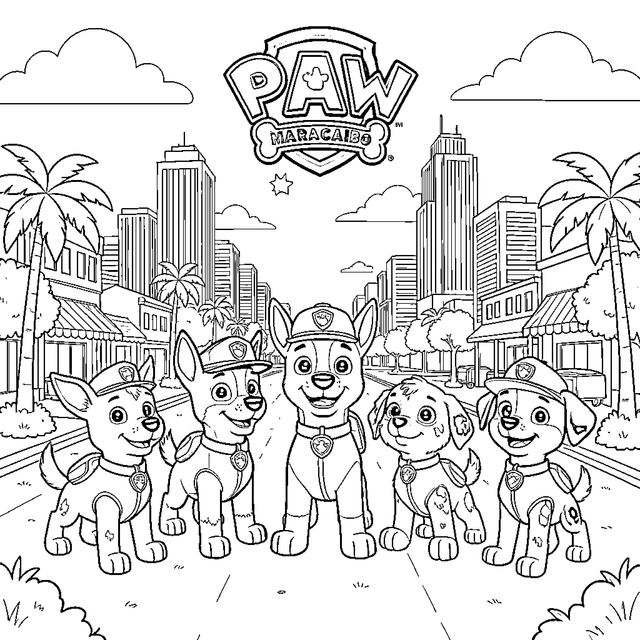 Paw Patrol pups in the city enjoying an adventure Coloring Page (free black-and-white line drawing printable PDF for all, from beginners to advanced learners, including children, teens, adults, and seniors)