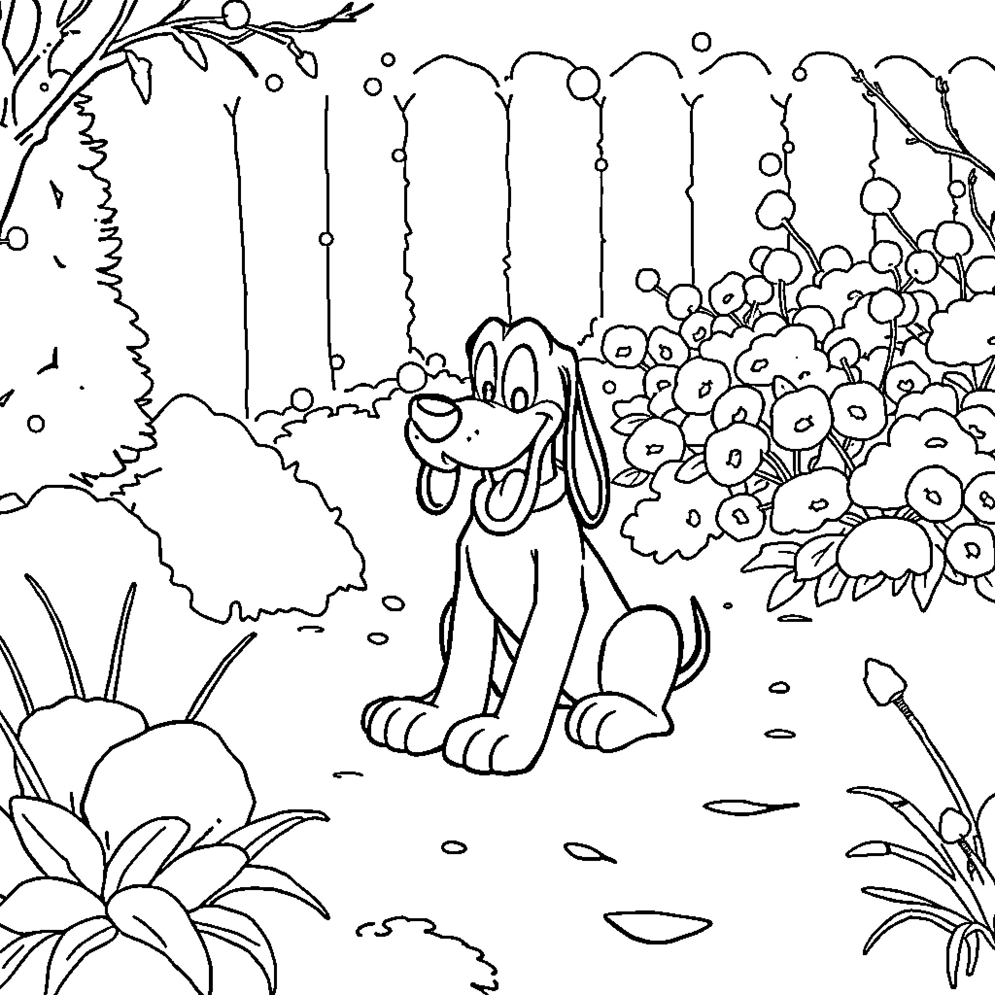 Pluto the puppy exploring a whimsical garden Coloring Page (free black-and-white line drawing printable PDF for all, from beginners to advanced learners, including children, teens, adults, and seniors)
