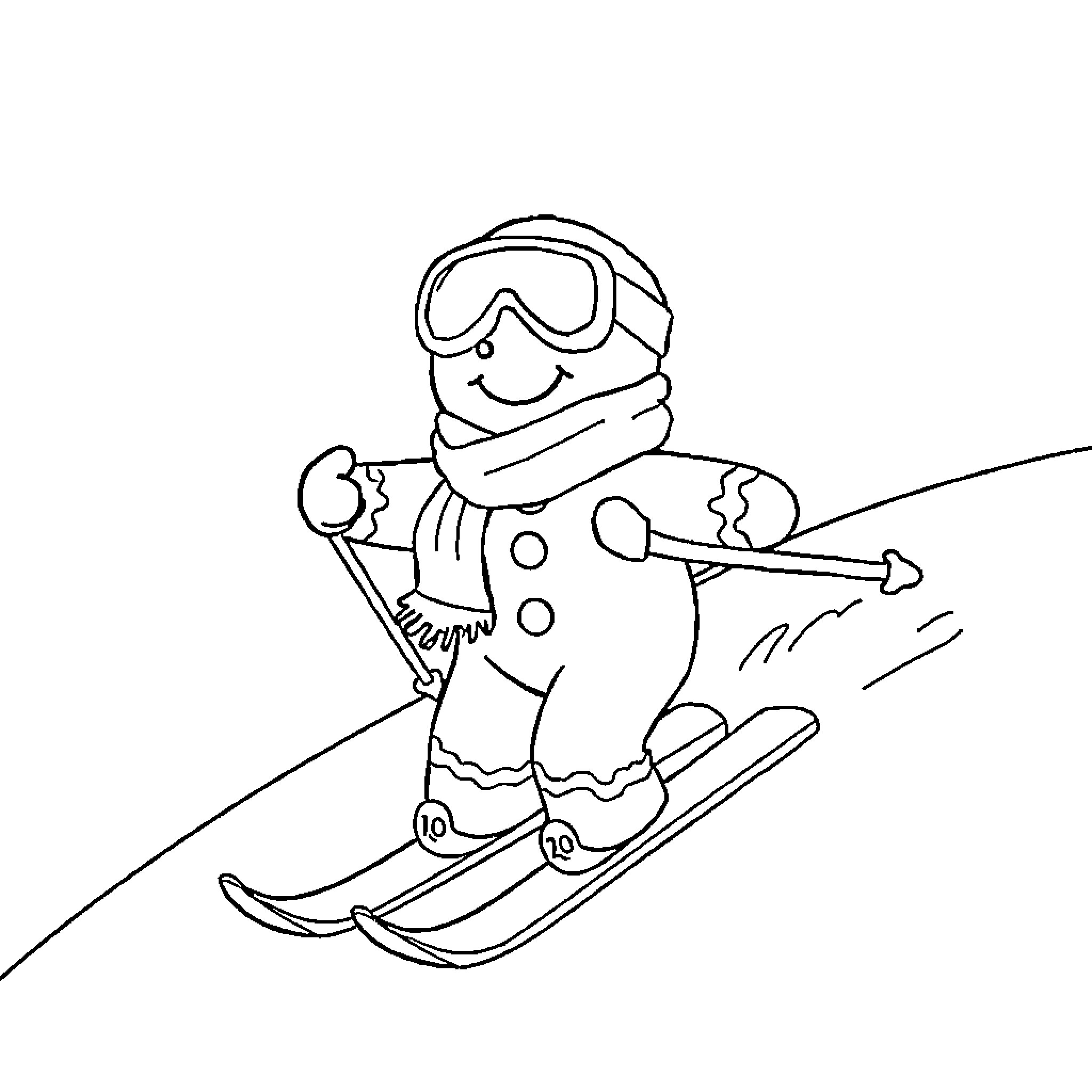 Gingerbread Man skiing down the slopes Coloring Page (free black-and-white line drawing printable PDF for all, from beginners to advanced learners, including children, teens, adults, and seniors)
