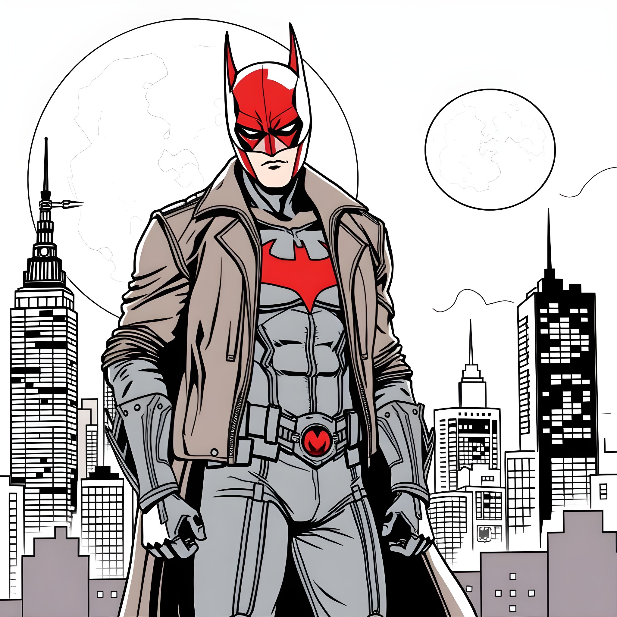 Red Hood - Vigilante in Gotham City Coloring Page (free black-and-white line drawing printable PDF for all, from beginners to advanced learners, including children, teens, adults, and seniors)
