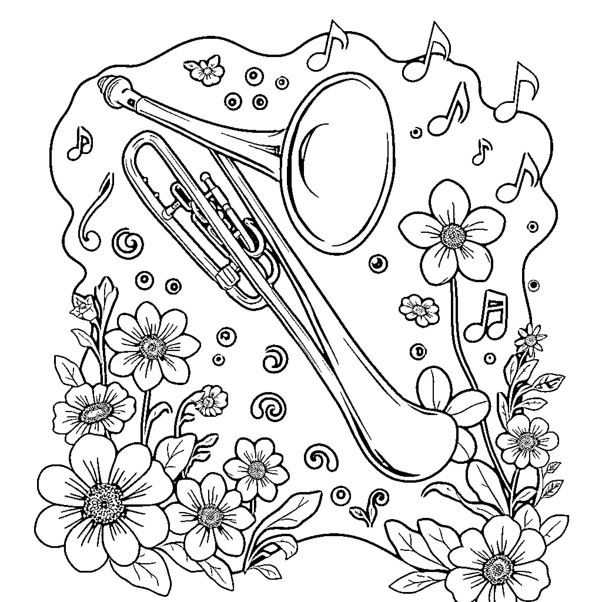 Trombone surrounded by musical notes and flowers Coloring Page (free black-and-white line drawing printable PDF for all, from beginners to advanced learners, including children, teens, adults, and seniors)