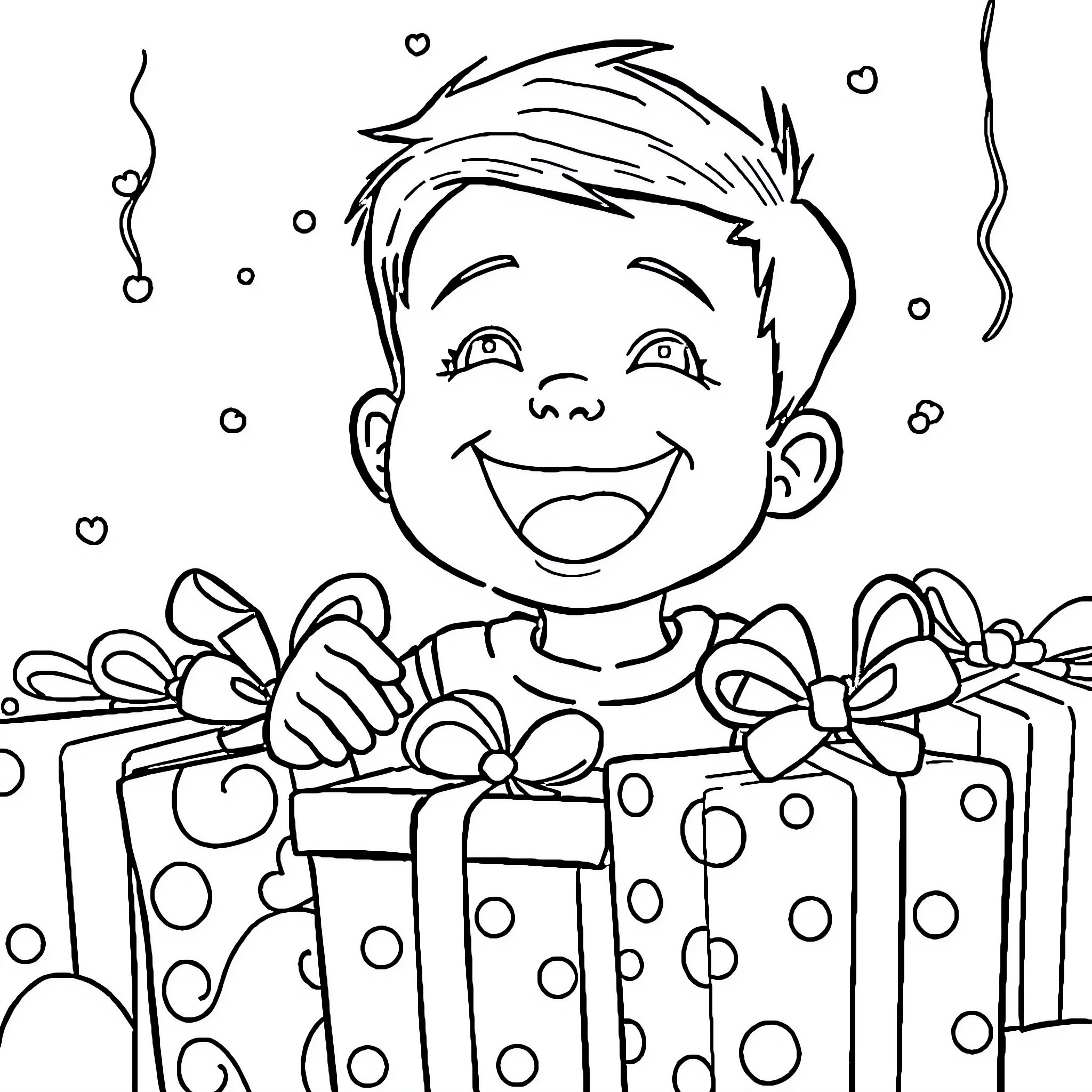 Boy enjoying his birthday presents Coloring Page (free black-and-white line drawing printable PDF for all, from beginners to advanced learners, including children, teens, adults, and seniors)