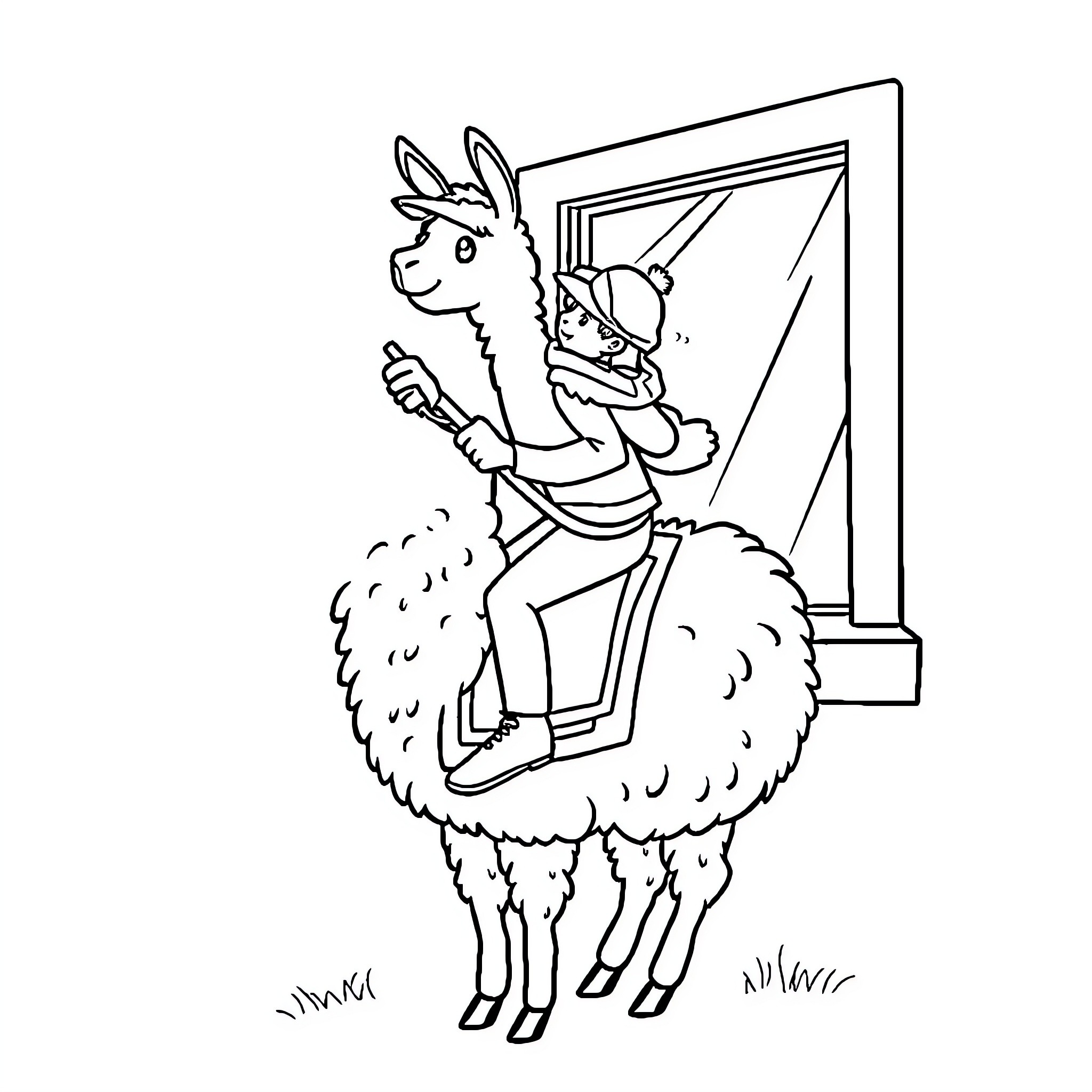 Window Washer Llama Cleans Glass With Care Coloring Page (free black-and-white line drawing printable PDF for all, from beginners to advanced learners, including children, teens, adults, and seniors)