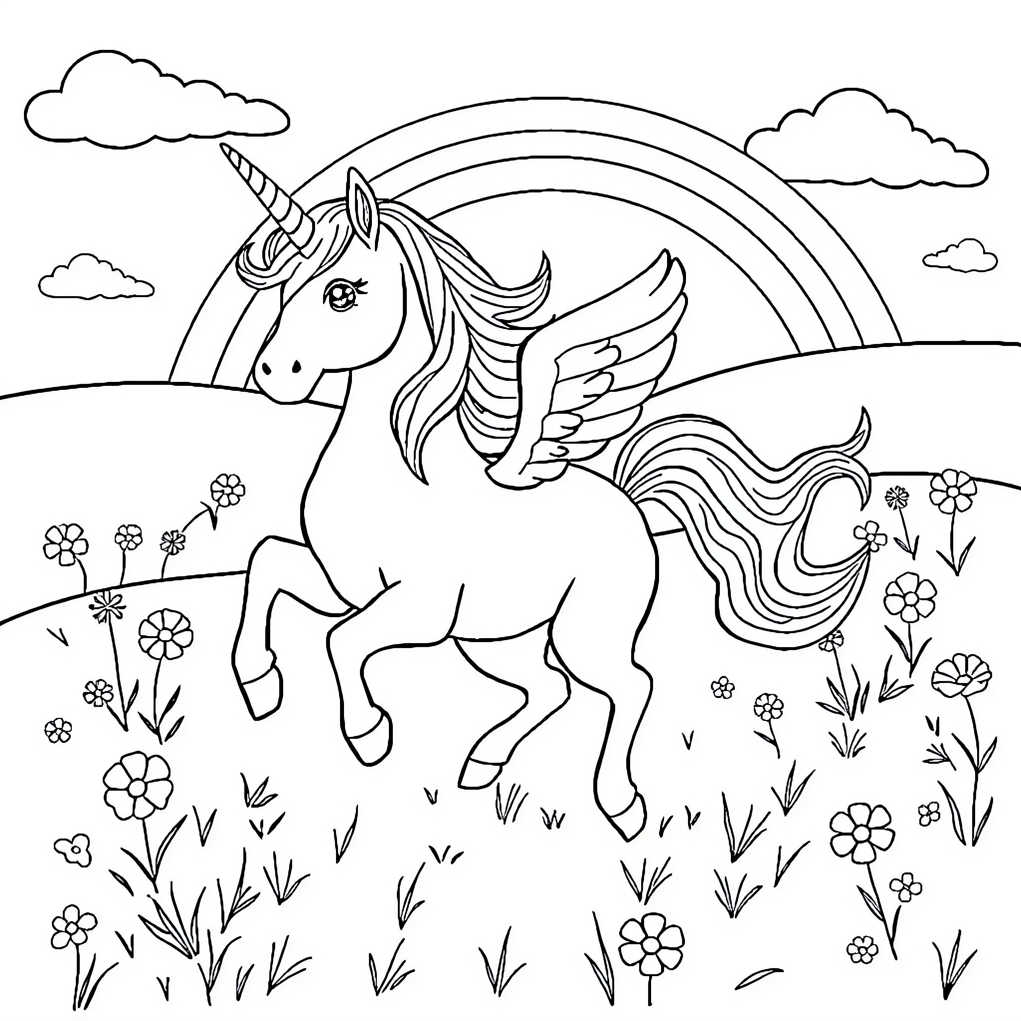 Unicorn flying gracefully in a magical meadow Coloring Page (free black-and-white line drawing printable PDF for all, from beginners to advanced learners, including children, teens, adults, and seniors)