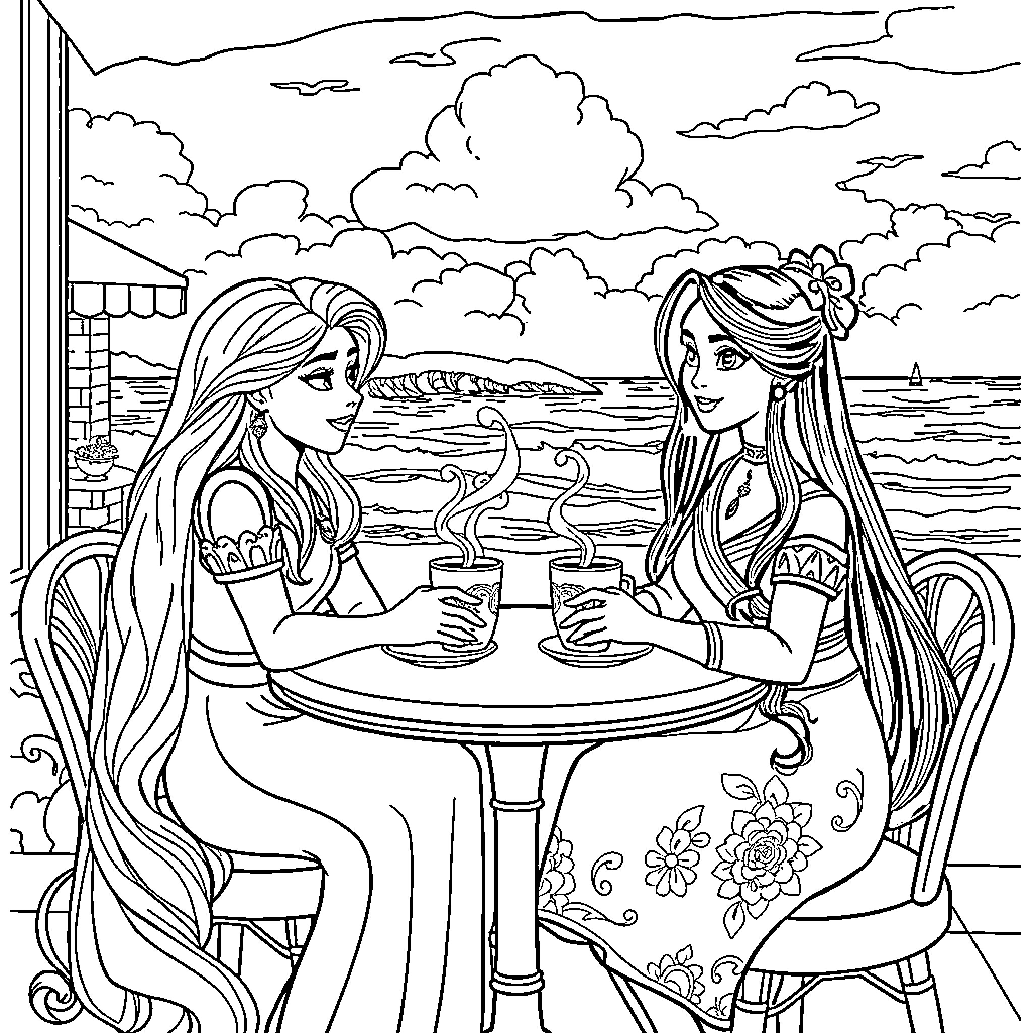 Princess Friends Enjoying Refreshments by the Sea Coloring Page (free black-and-white line drawing printable PDF for all, from beginners to advanced learners, including children, teens, adults, and seniors)