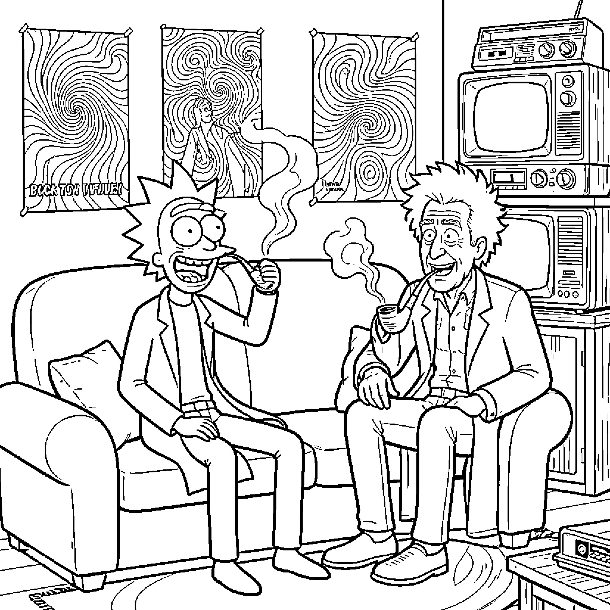 Rick and his friend's zany antics in the living room Coloring Page (free black-and-white line drawing printable PDF for all, from beginners to advanced learners, including children, teens, adults, and seniors)