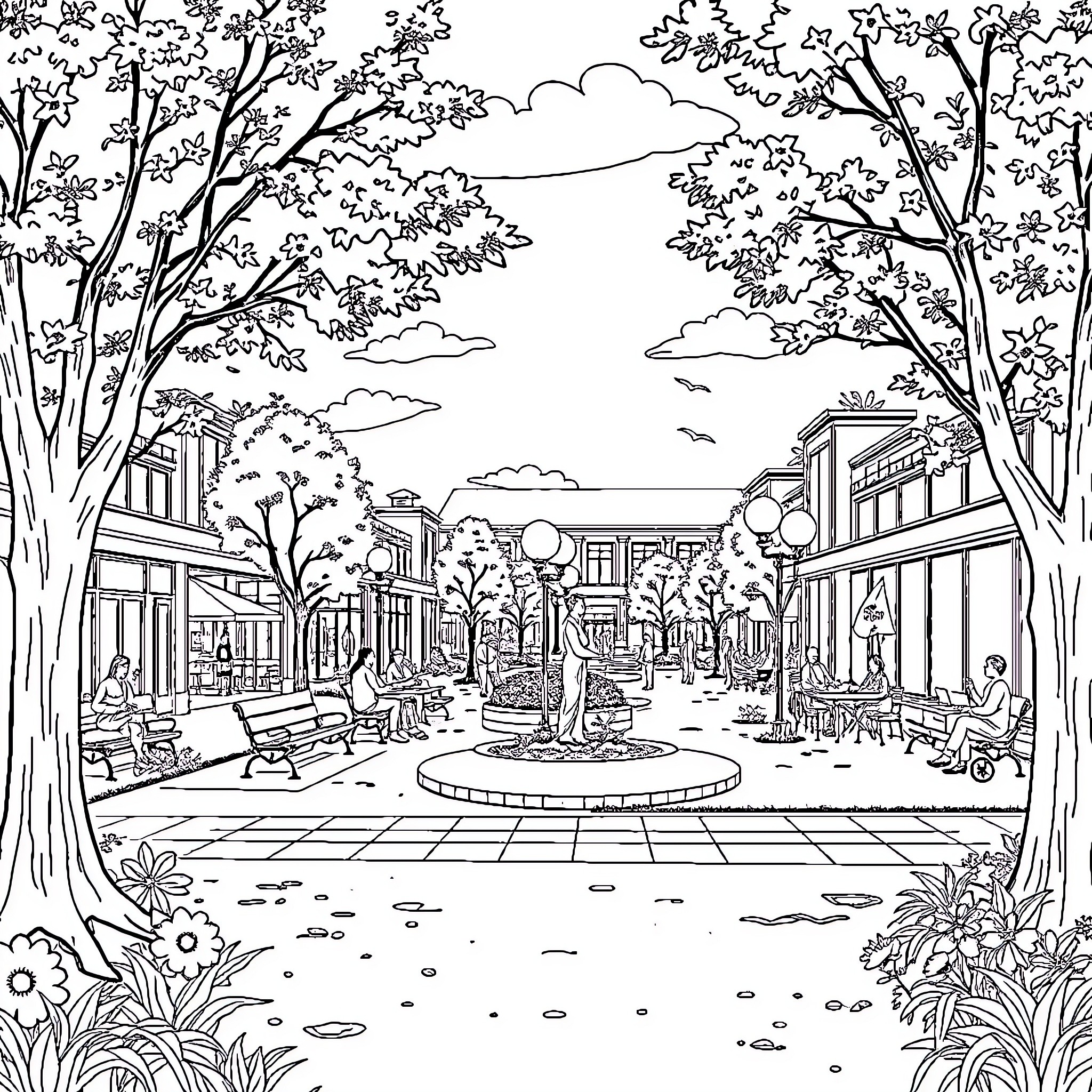 Linken Park: Vibrant Urban Outdoor Scene Coloring Page (free black-and-white line drawing printable PDF for all, from beginners to advanced learners, including children, teens, adults, and seniors)