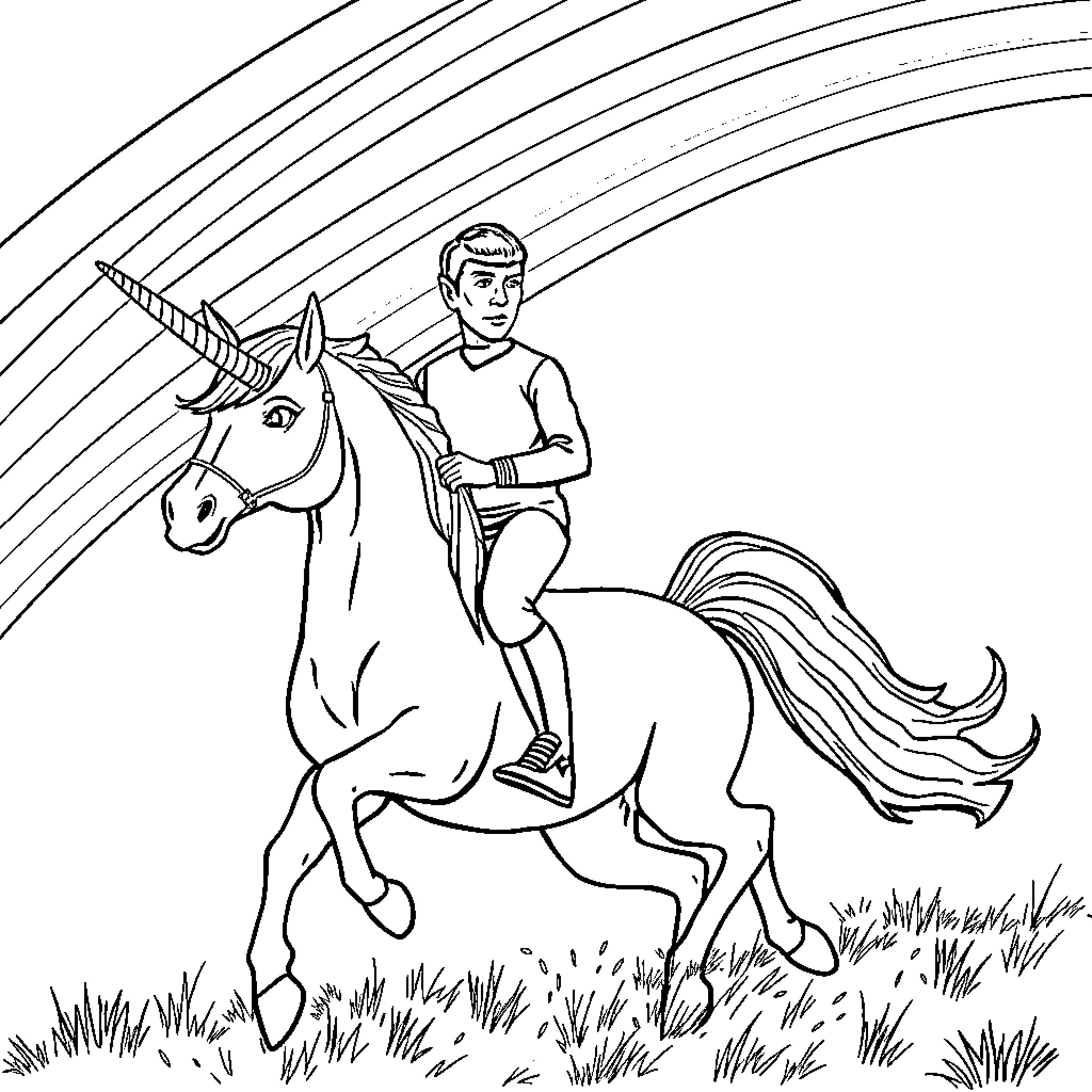 Spock riding a unicorn through a cosmic landscape Coloring Page (free black-and-white line drawing printable PDF for all, from beginners to advanced learners, including children, teens, adults, and seniors)