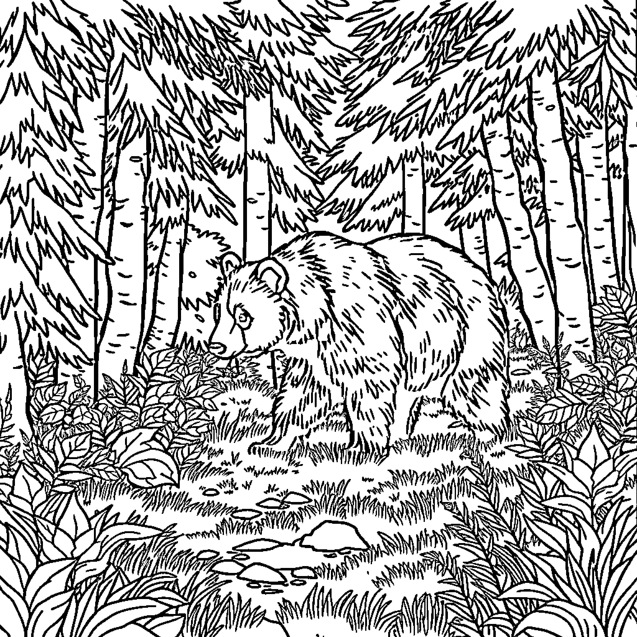 Bear exploring the tranquil forest Coloring Page (free black-and-white line drawing printable PDF for all, from beginners to advanced learners, including children, teens, adults, and seniors)