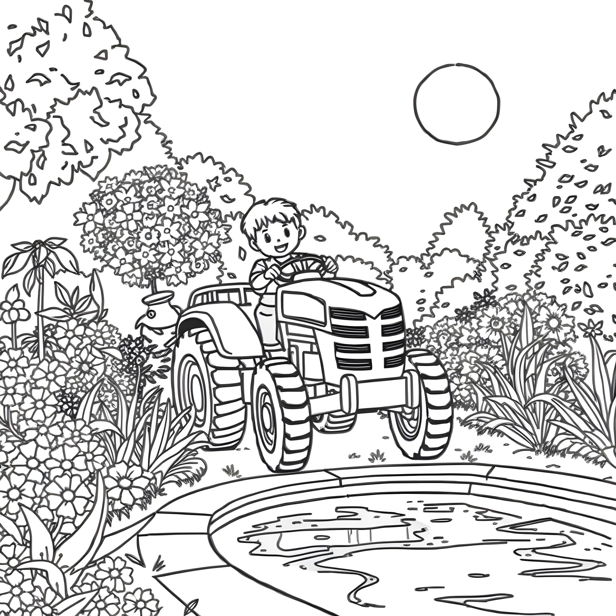 Boy riding a tractor in a lush garden Coloring Page (free black-and-white line drawing printable PDF for all, from beginners to advanced learners, including children, teens, adults, and seniors)
