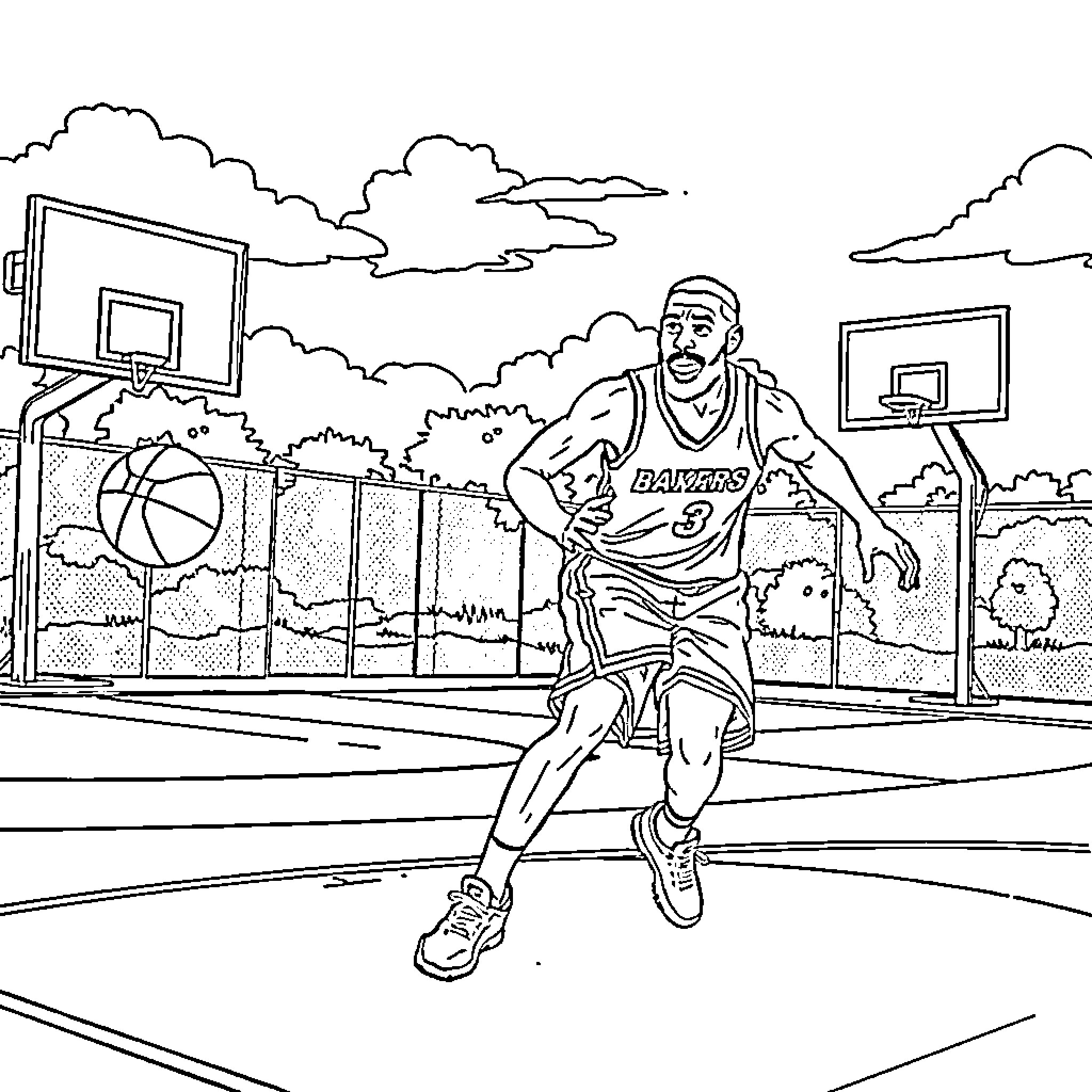 Basketball player in outdoor court Coloring Page (free black-and-white line drawing printable PDF for all, from beginners to advanced learners, including children, teens, adults, and seniors)
