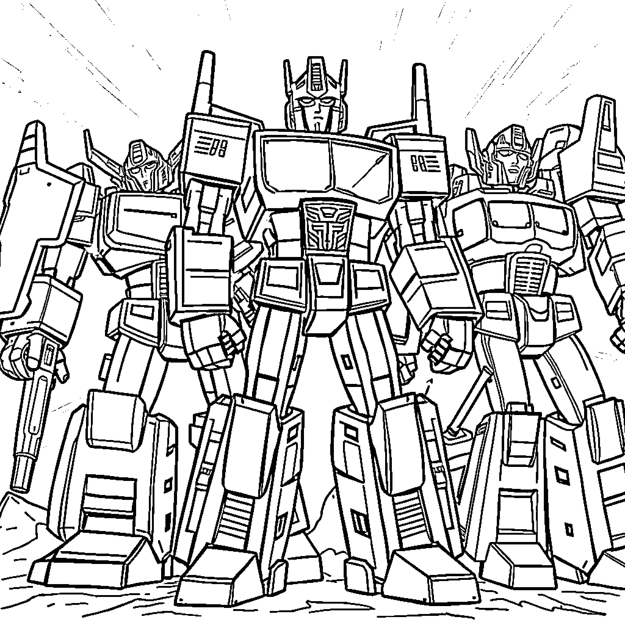 Transformer Team Preparing for Battle Coloring Page (free black-and-white line drawing printable PDF for all, from beginners to advanced learners, including children, teens, adults, and seniors)