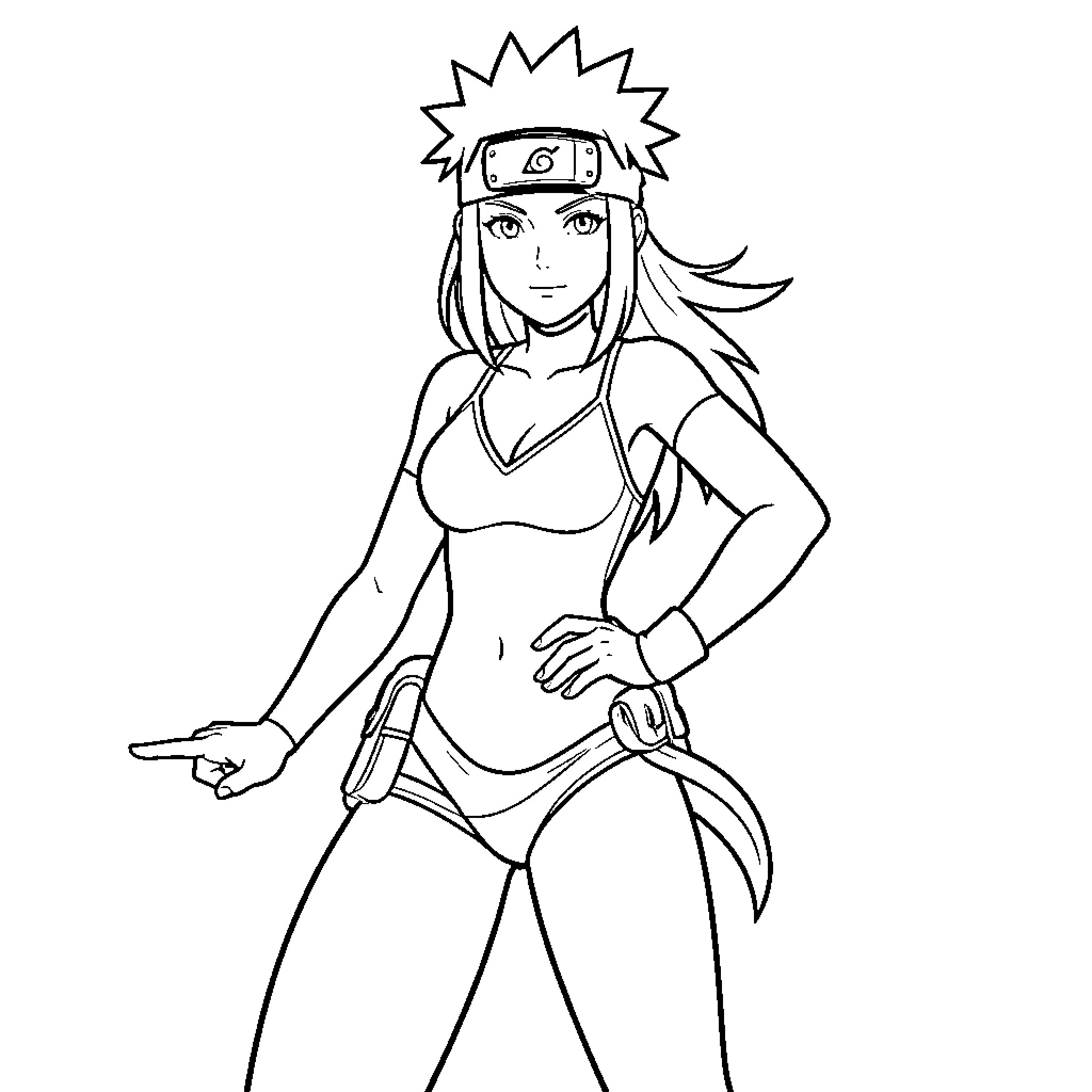 Naruto female ninja posing confidently in athletic gear Coloring Page (free black-and-white line drawing printable PDF for all, from beginners to advanced learners, including children, teens, adults, and seniors)