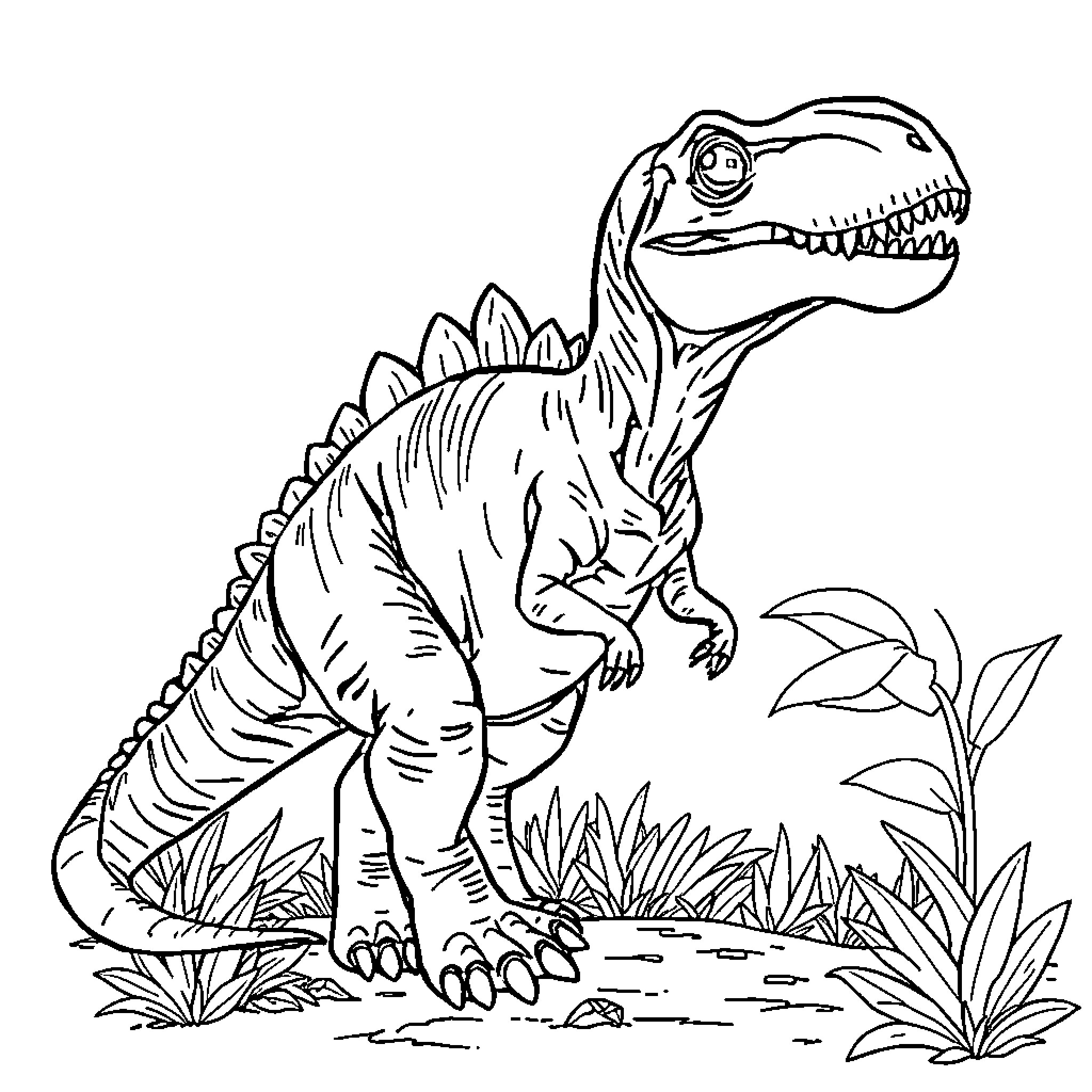 Dinosaur roaring in lush vegetation Coloring Page (free black-and-white line drawing printable PDF for all, from beginners to advanced learners, including children, teens, adults, and seniors)