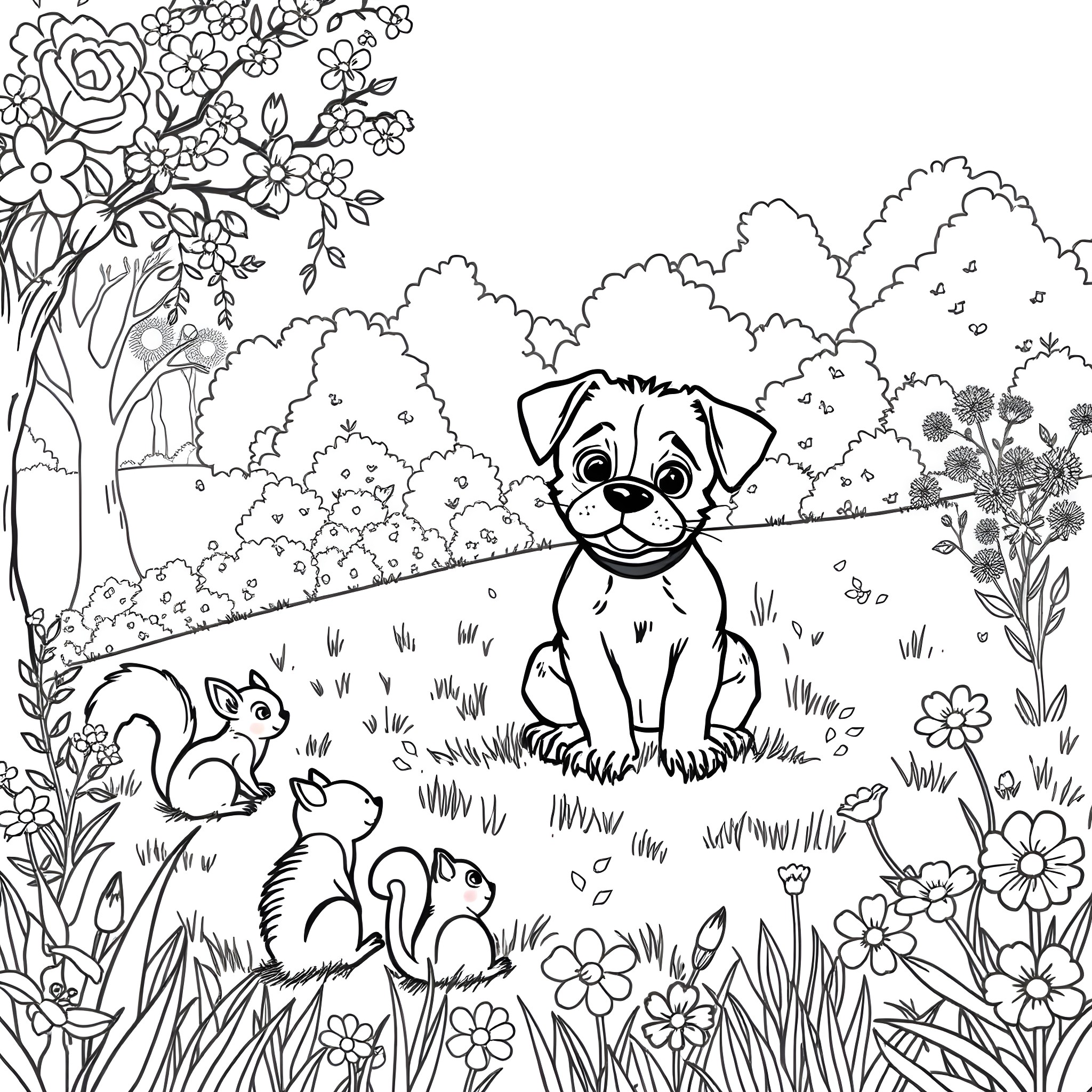 Pies playing in the garden with forest friends Coloring Page (free black-and-white line drawing printable PDF for all, from beginners to advanced learners, including children, teens, adults, and seniors)