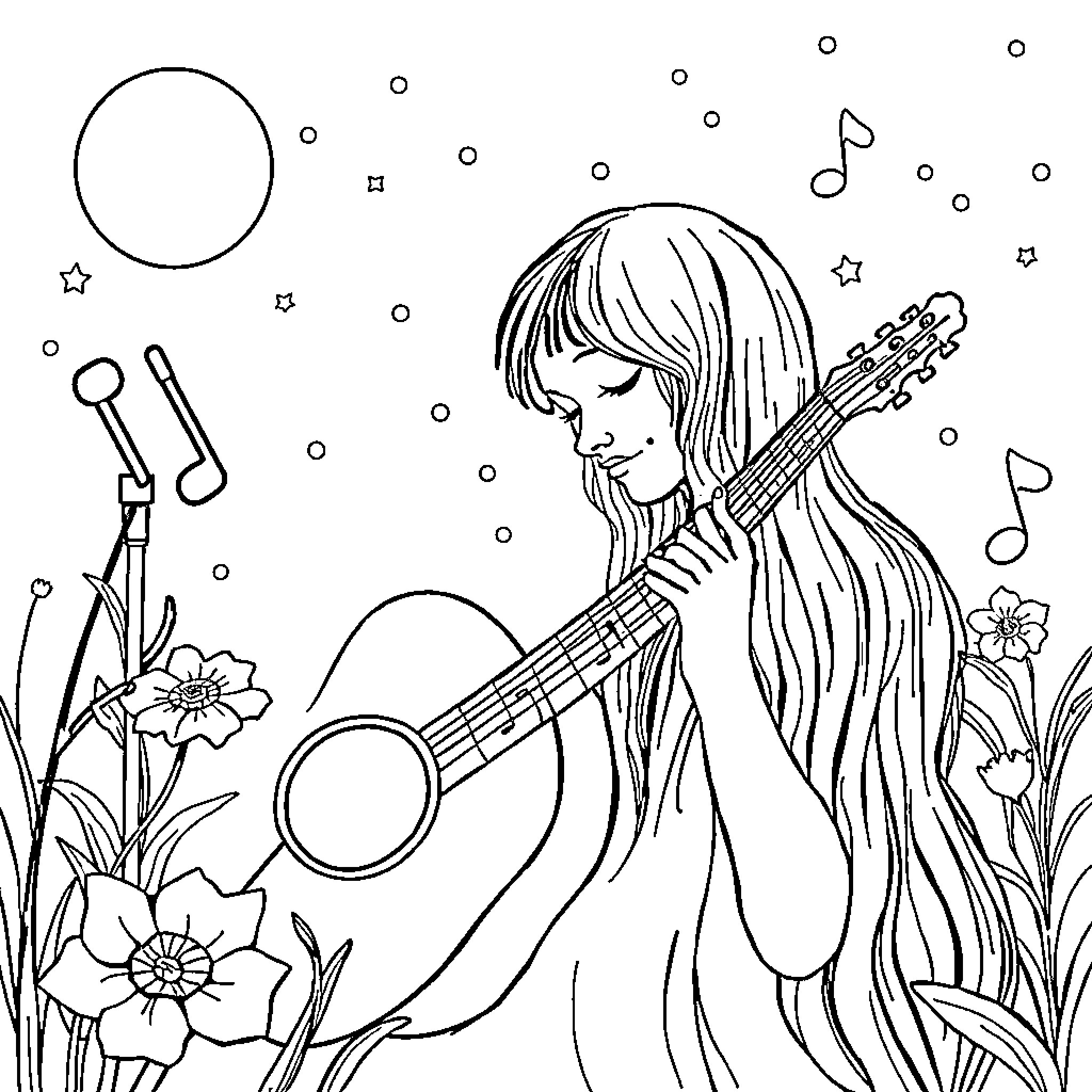 Music of Nature: Girl Playing Guitar in Whimsical Landscape Coloring Page (free black-and-white line drawing printable PDF for all, from beginners to advanced learners, including children, teens, adults, and seniors)