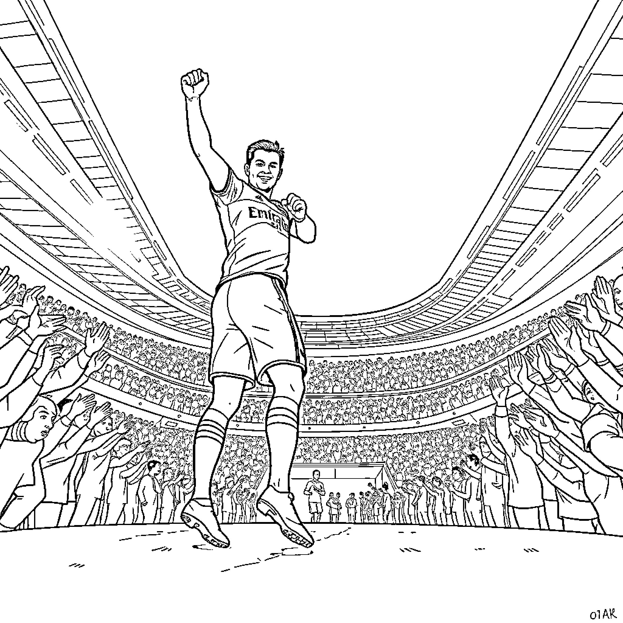 Mikel Arteta Celebrates Victorious Moment on the Football Field Coloring Page (free black-and-white line drawing printable PDF for all, from beginners to advanced learners, including children, teens, adults, and seniors)