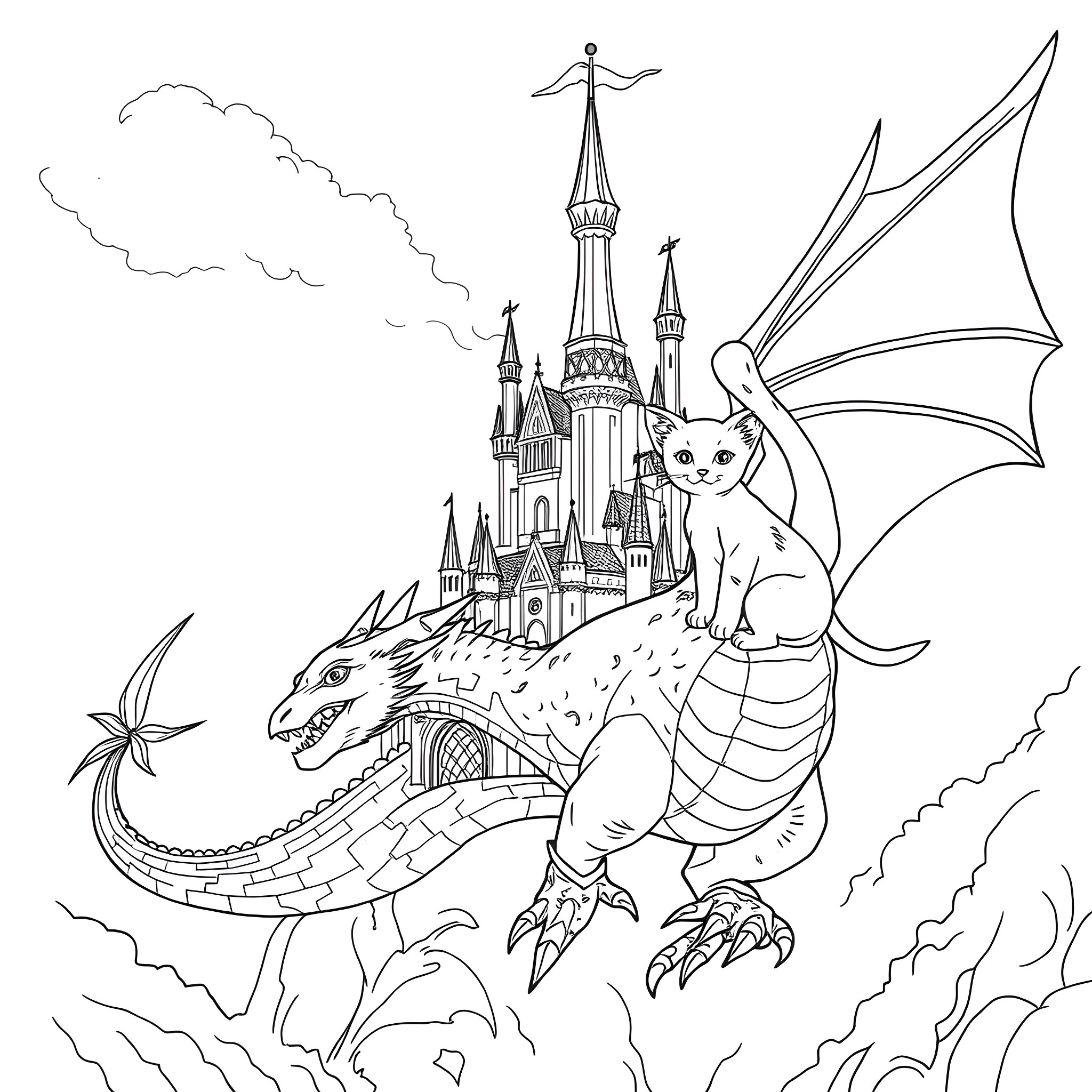 Dragon guarding the fantasy castle in the sky Coloring Page (free black-and-white line drawing printable PDF for all, from beginners to advanced learners, including children, teens, adults, and seniors)