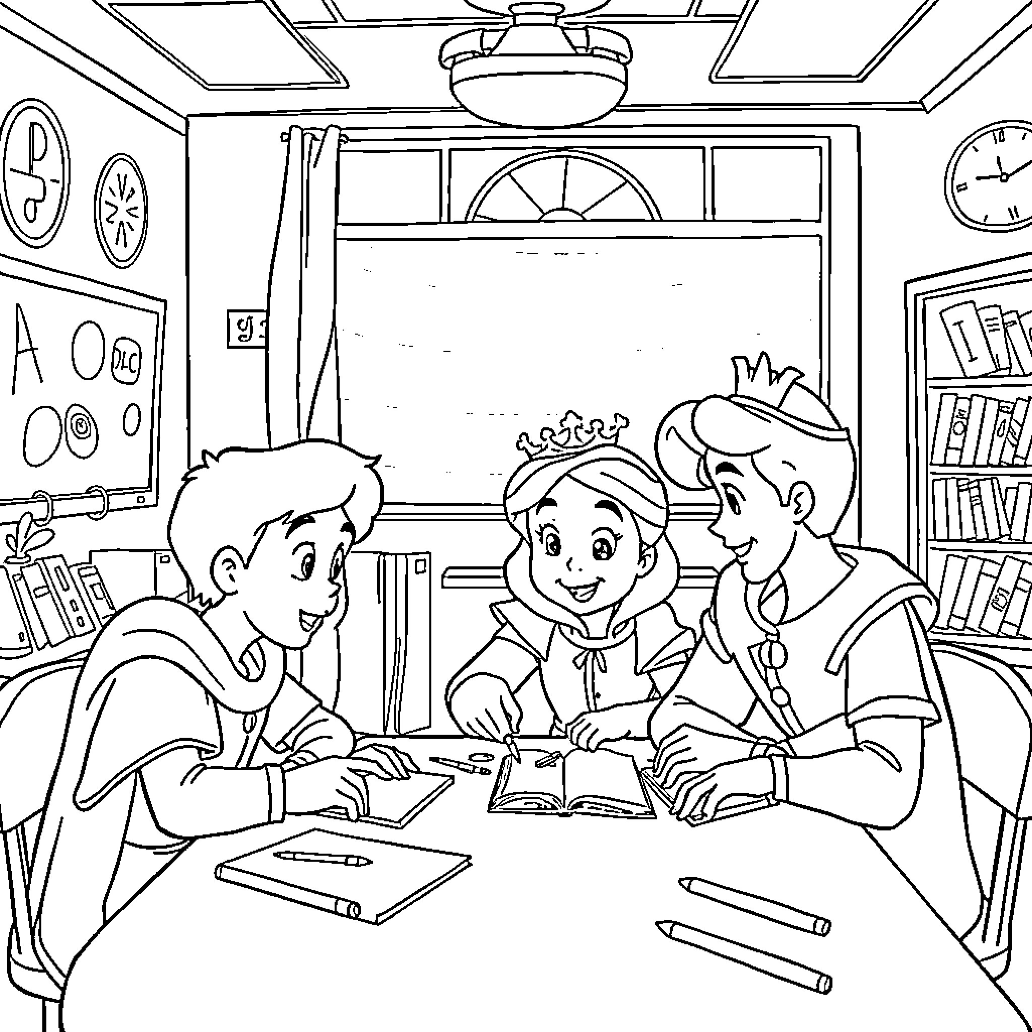 Prince and Friends Study Together in Classroom Coloring Page (free black-and-white line drawing printable PDF for all, from beginners to advanced learners, including children, teens, adults, and seniors)