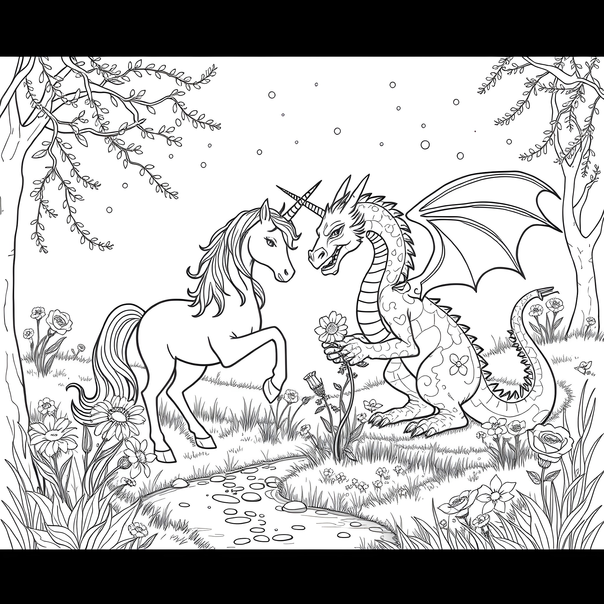Unicorn and dragon playing in magical forest Coloring Page (free black-and-white line drawing printable PDF for all, from beginners to advanced learners, including children, teens, adults, and seniors)