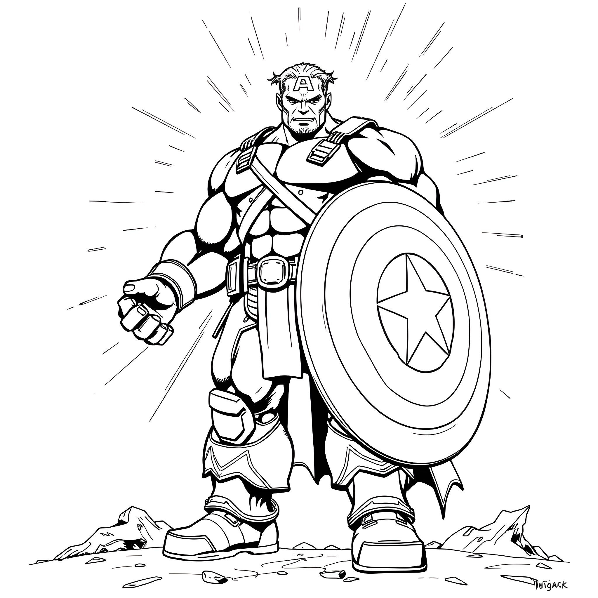 Hulk in Heroic Stance with Captain America Shield Coloring Page (free black-and-white line drawing printable PDF for all, from beginners to advanced learners, including children, teens, adults, and seniors)