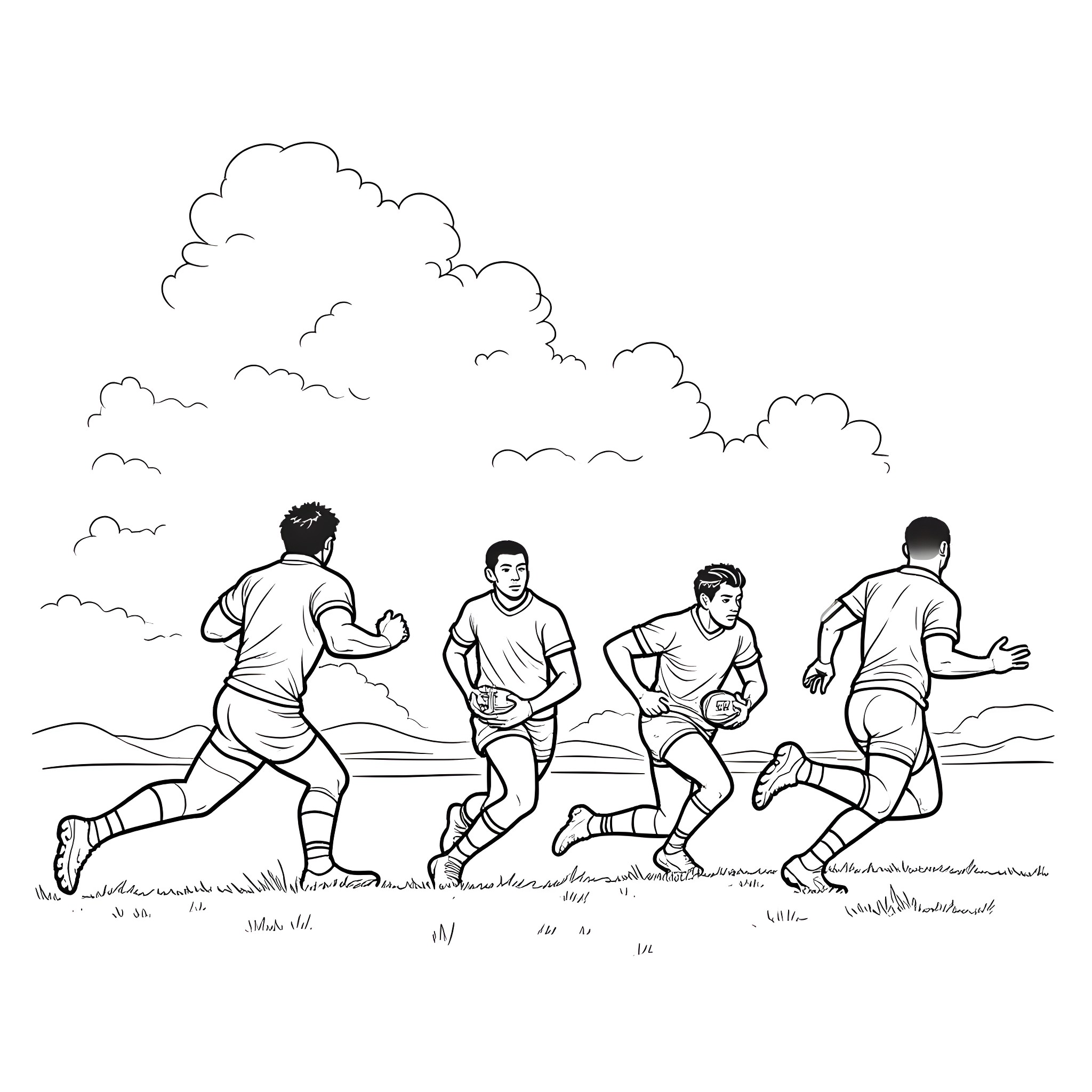 Springbok players running on the field Coloring Page (free black-and-white line drawing printable PDF for all, from beginners to advanced learners, including children, teens, adults, and seniors)