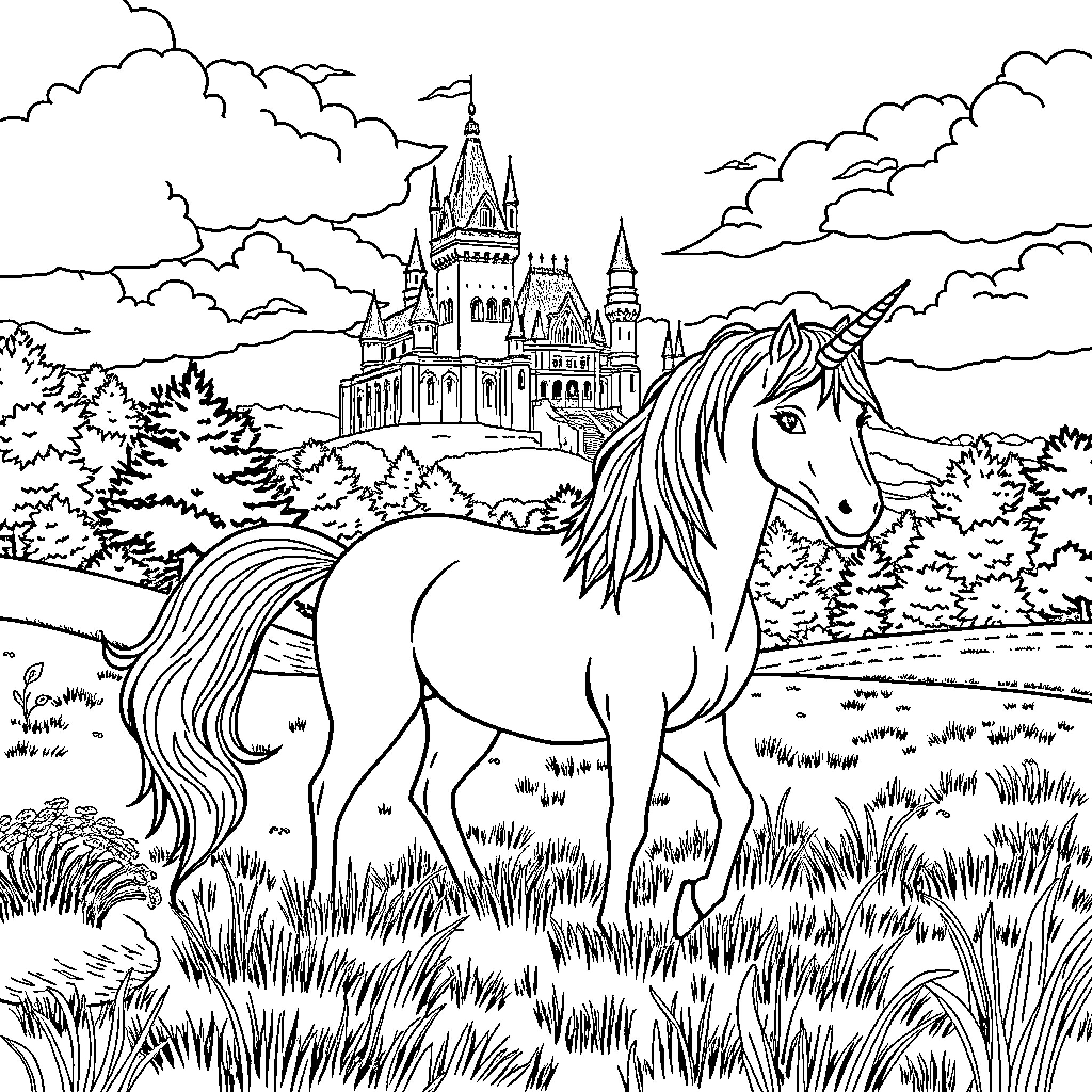 Unicorn admiring the grand castle in the distance Coloring Page (free black-and-white line drawing printable PDF for all, from beginners to advanced learners, including children, teens, adults, and seniors)