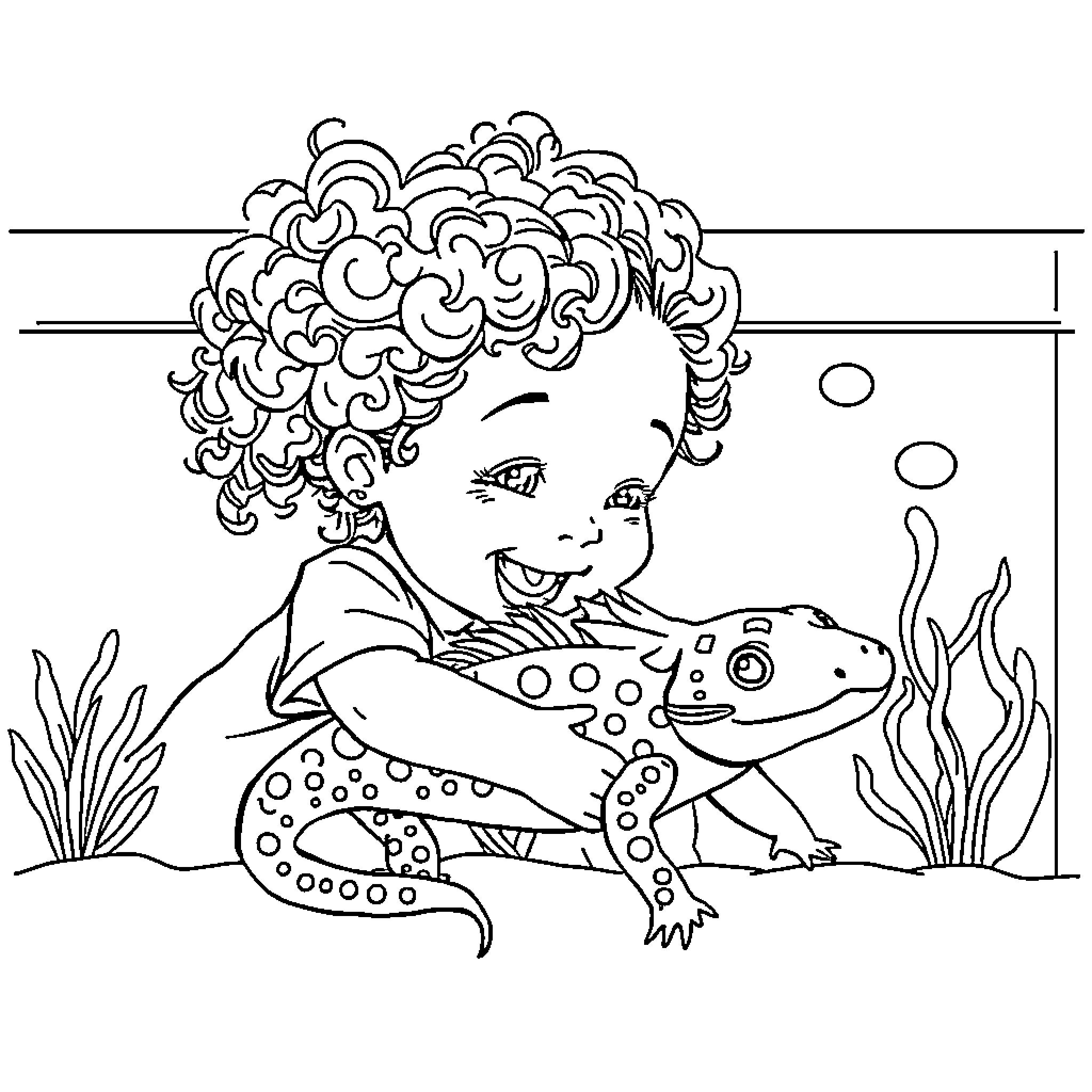 Girl playing happily with underwater creatures Coloring Page (free black-and-white line drawing printable PDF for all, from beginners to advanced learners, including children, teens, adults, and seniors)