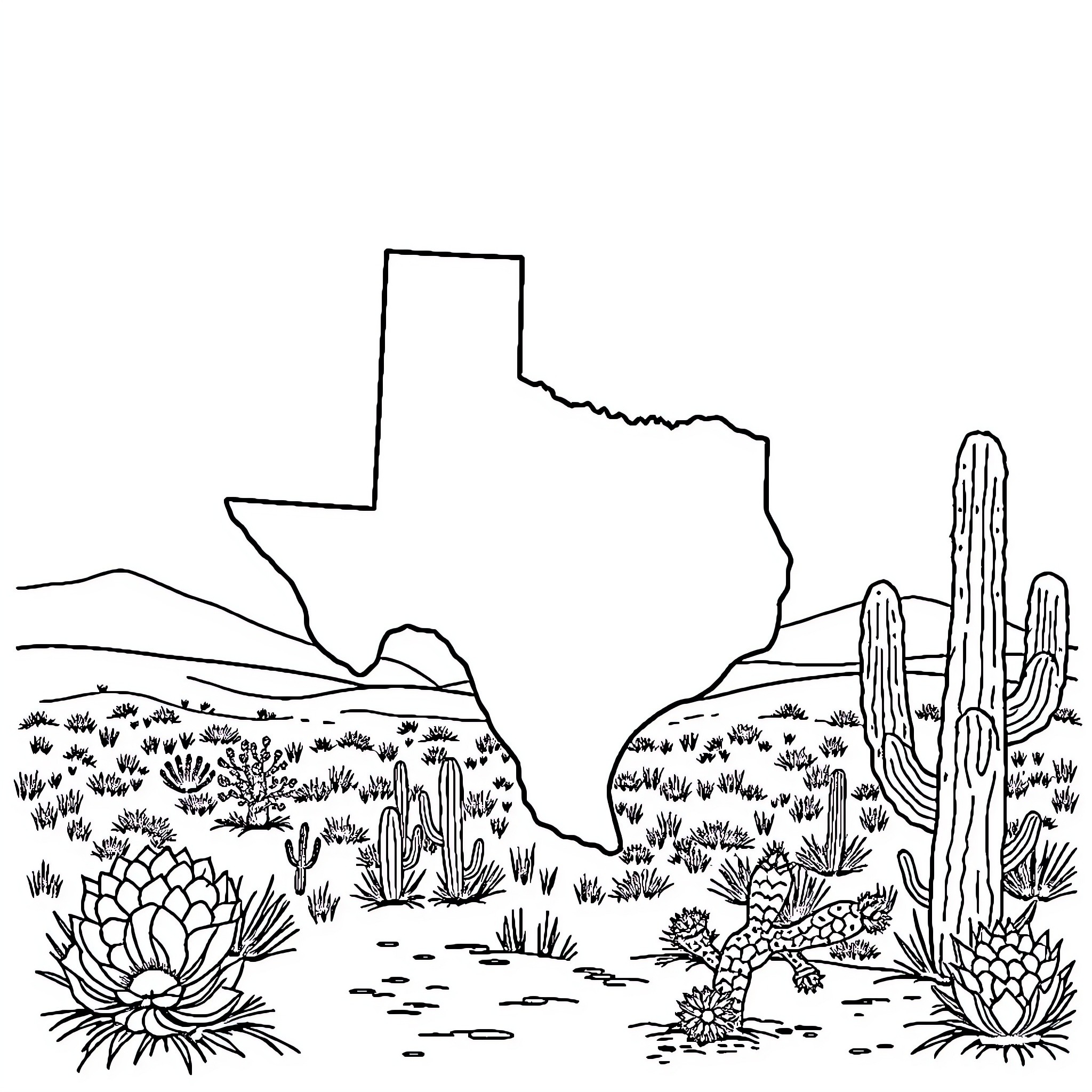 Stitch of a Southwestern Desert Landscape Coloring Page (free black-and-white line drawing printable PDF for all, from beginners to advanced learners, including children, teens, adults, and seniors)