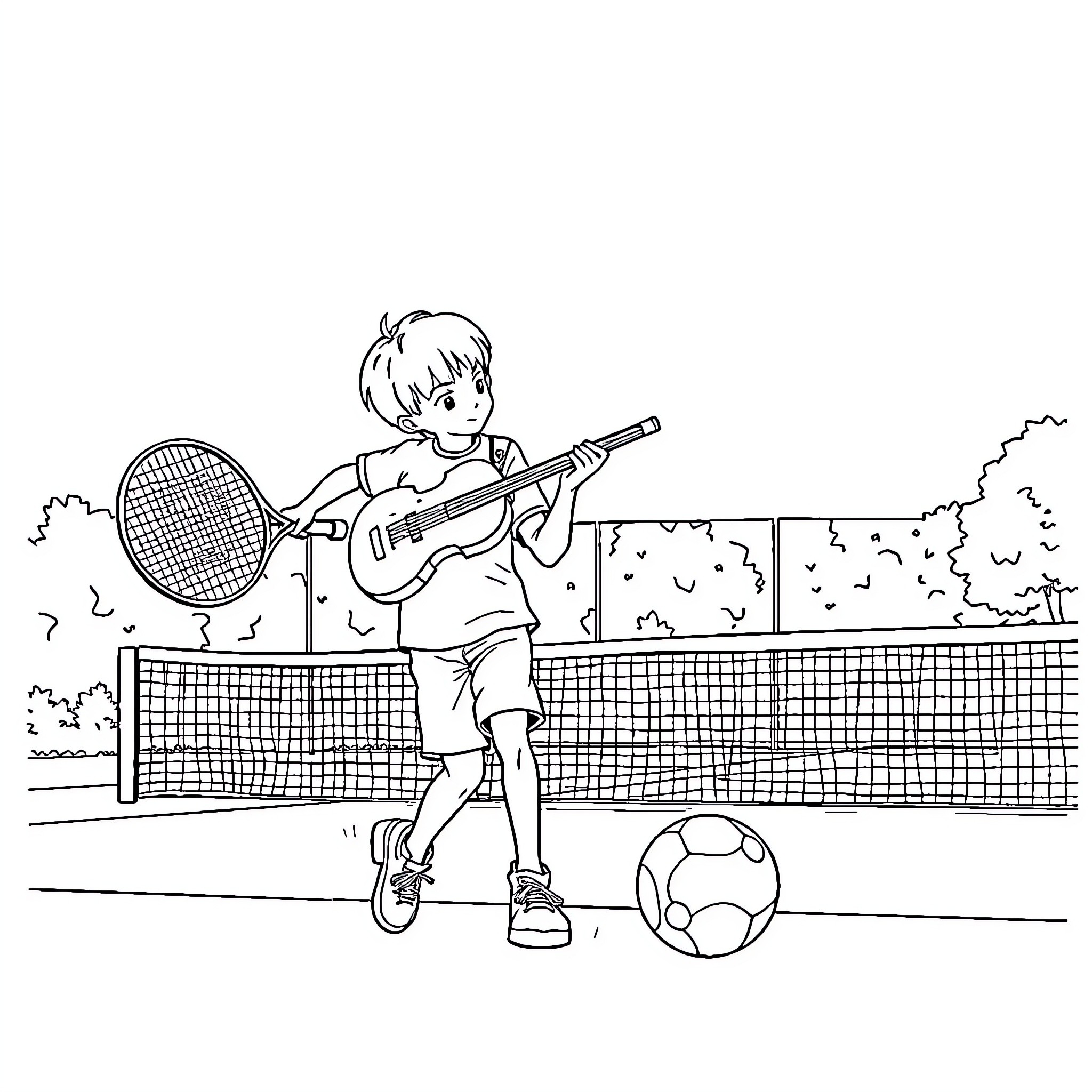 Boy playing various sports on tennis court Coloring Page (free black-and-white line drawing printable PDF for all, from beginners to advanced learners, including children, teens, adults, and seniors)